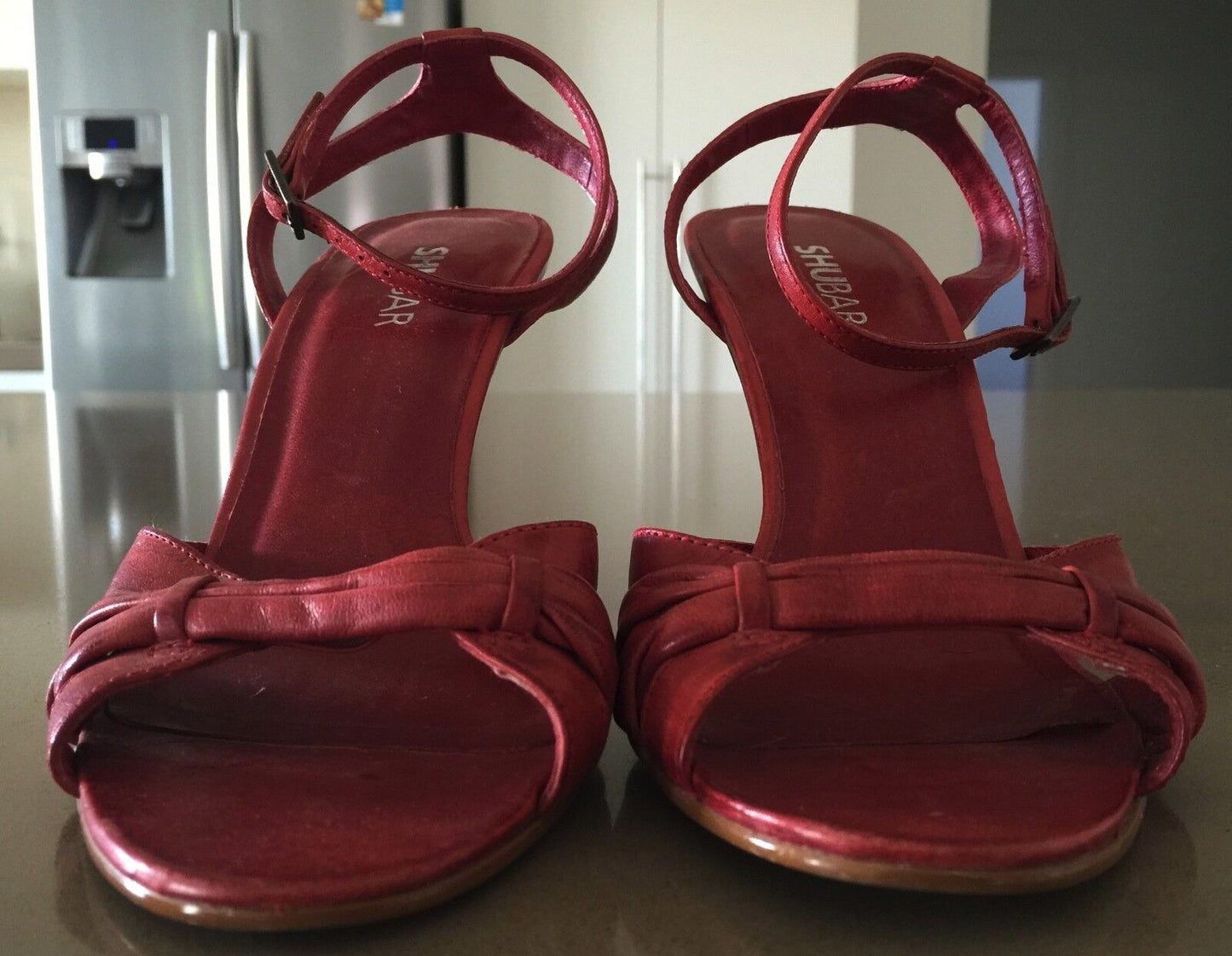SHUBAR Open Toe Shoes Red Leather Ankle Strap Heels Ladies Size 36