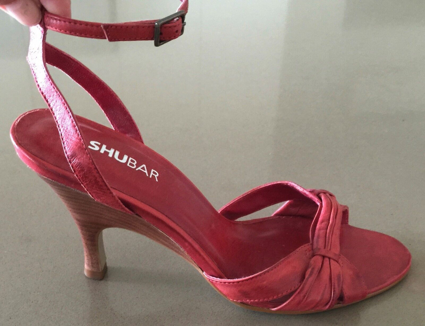 SHUBAR Open Toe Shoes Red Leather Ankle Strap Heels Ladies Size 36