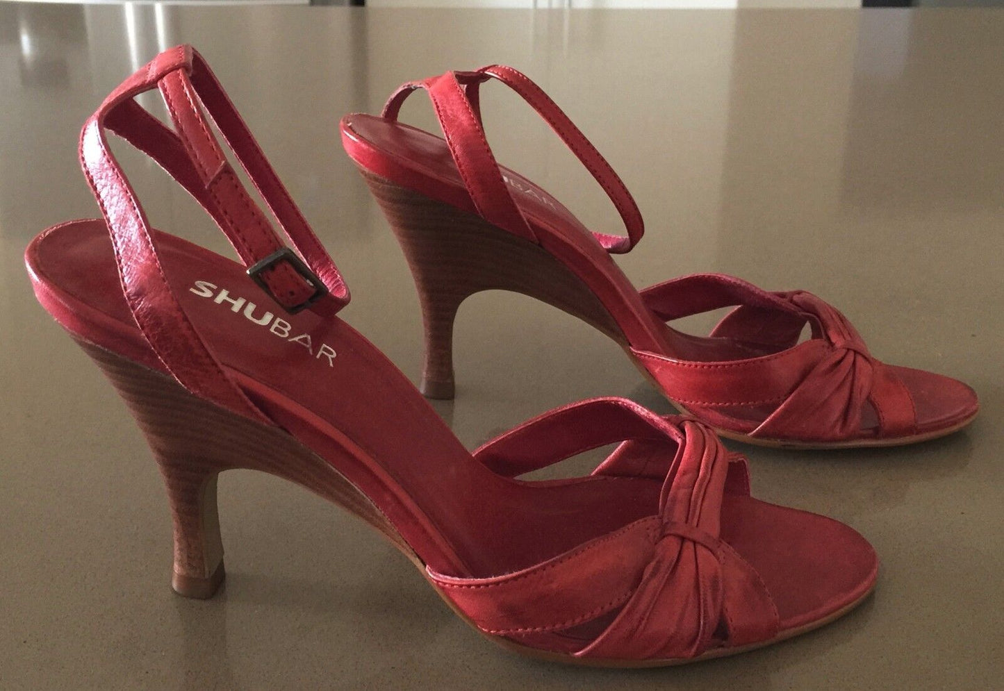 SHUBAR Open Toe Shoes Red Leather Ankle Strap Heels Ladies Size 36