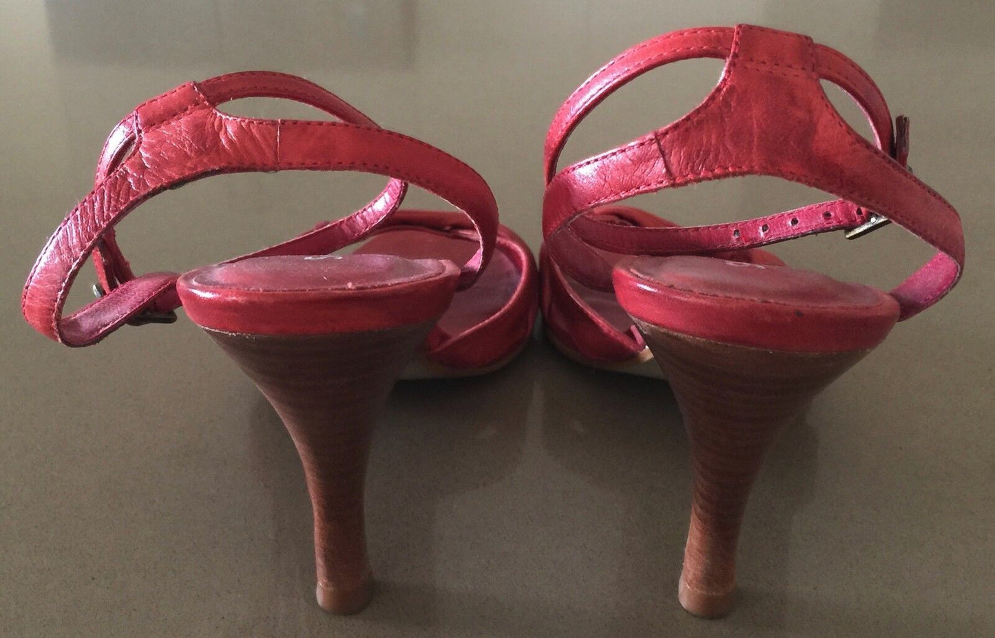 SHUBAR Open Toe Shoes Red Leather Ankle Strap Heels Ladies Size 36