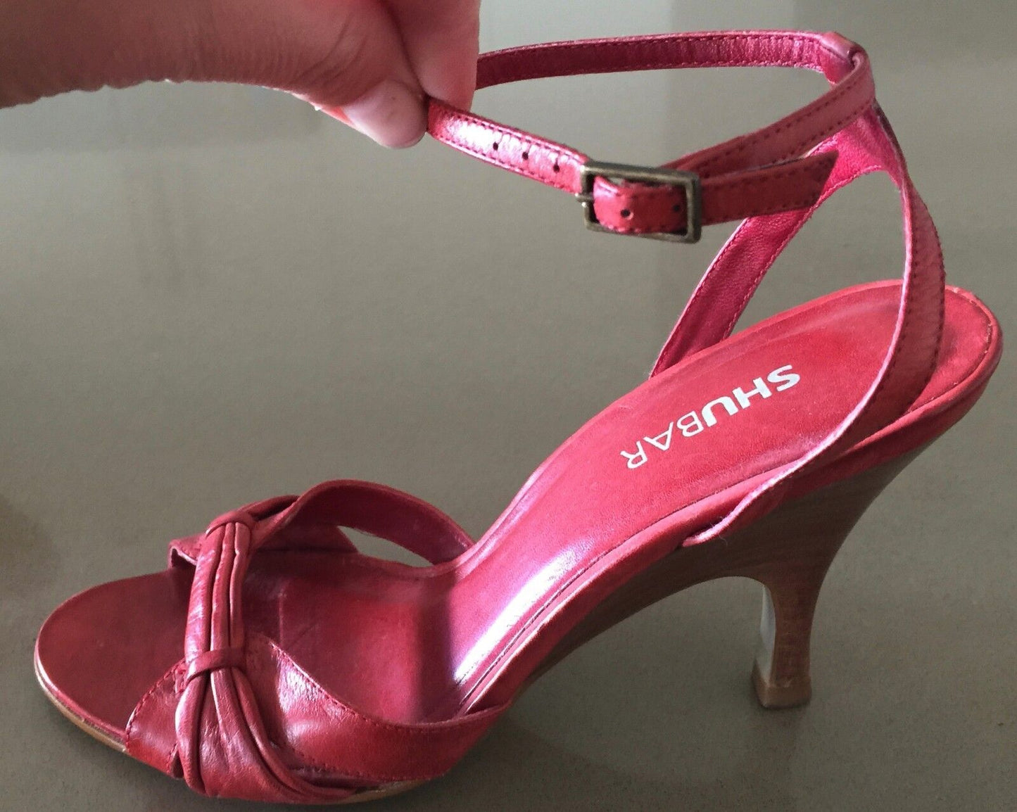 SHUBAR Open Toe Shoes Red Leather Ankle Strap Heels Ladies Size 36