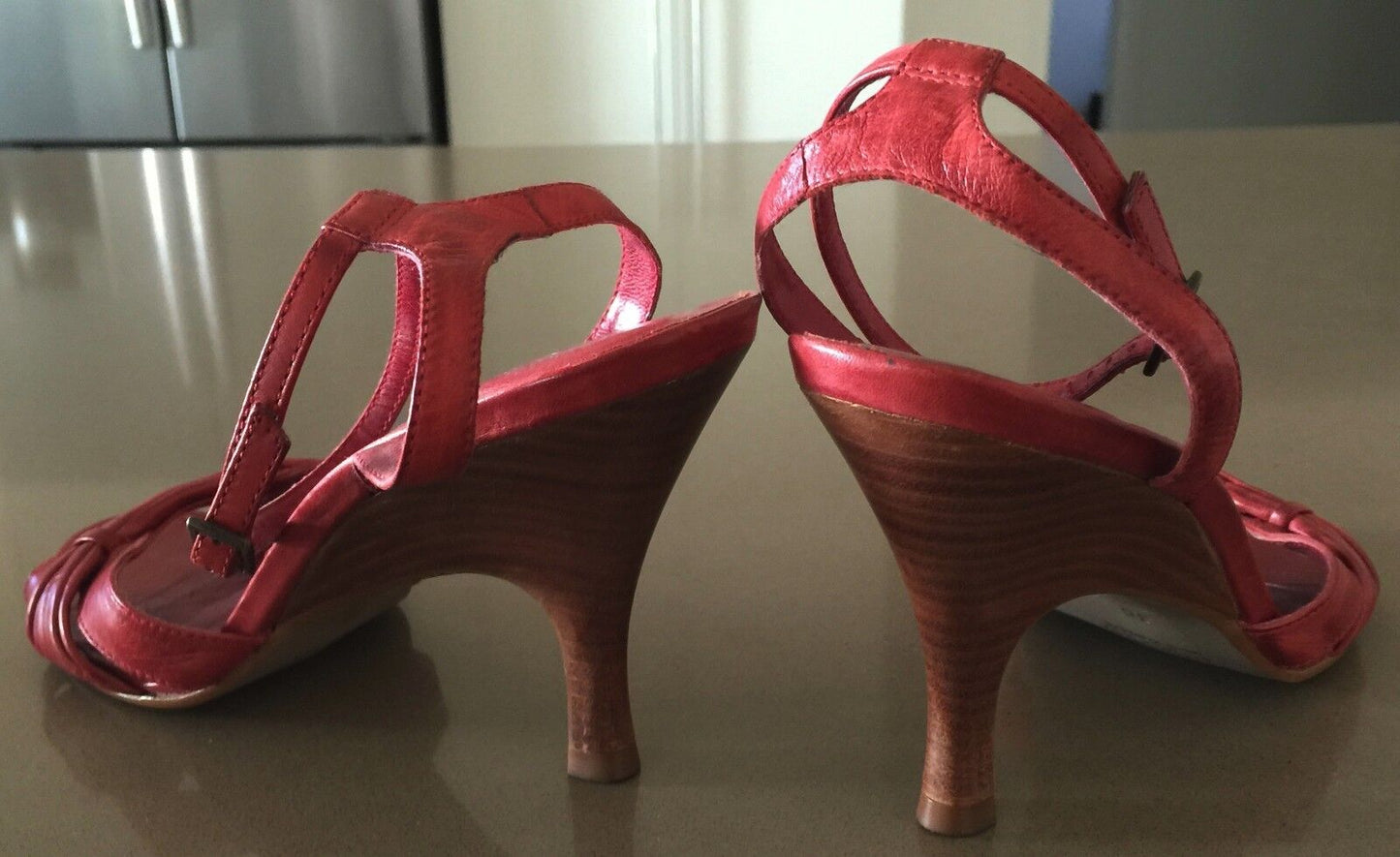 SHUBAR Open Toe Shoes Red Leather Ankle Strap Heels Ladies Size 36
