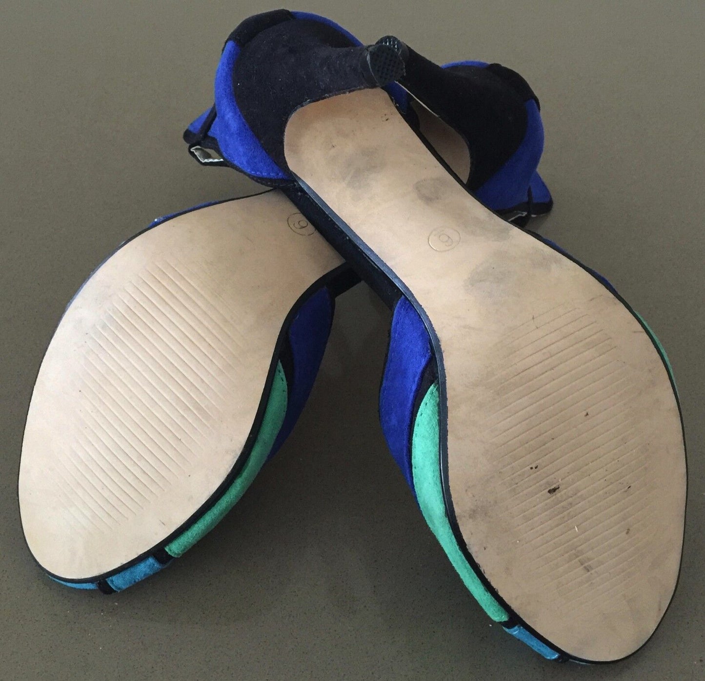 NATURALLY JOJO Shoes Blue Black Green Block Ankle Strap High Heels Size 6 Retro