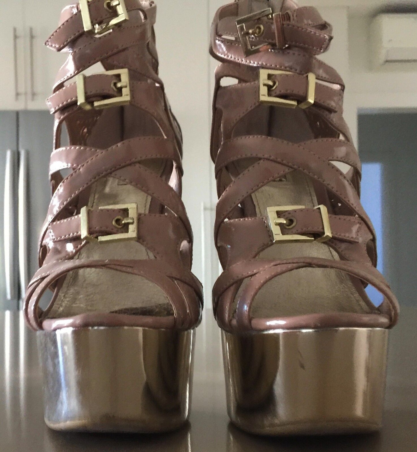 WILD PAIR Heels Shoes Blush Patent PU Strappy Open Toe Platform Size 7M Sexy