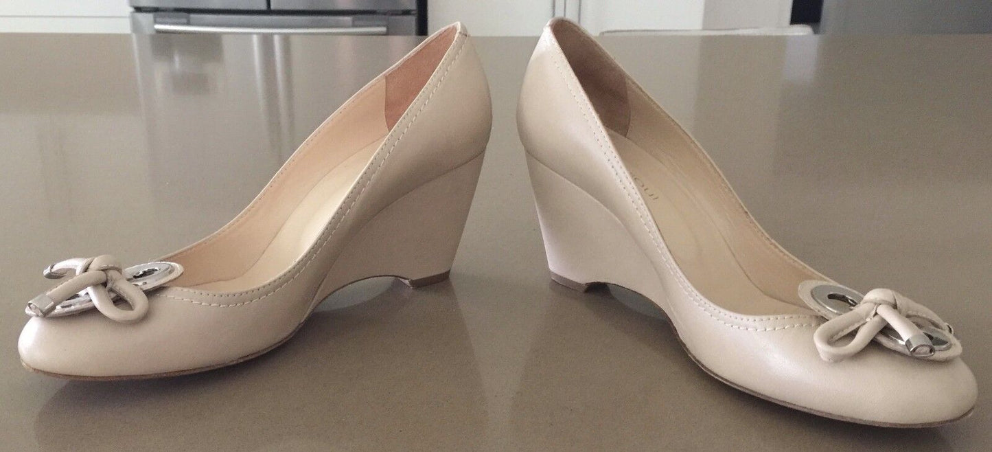 URBAN SOUL Wedge Heel Shoes Beige Leather w Bow Trim Size 41 Fabulous