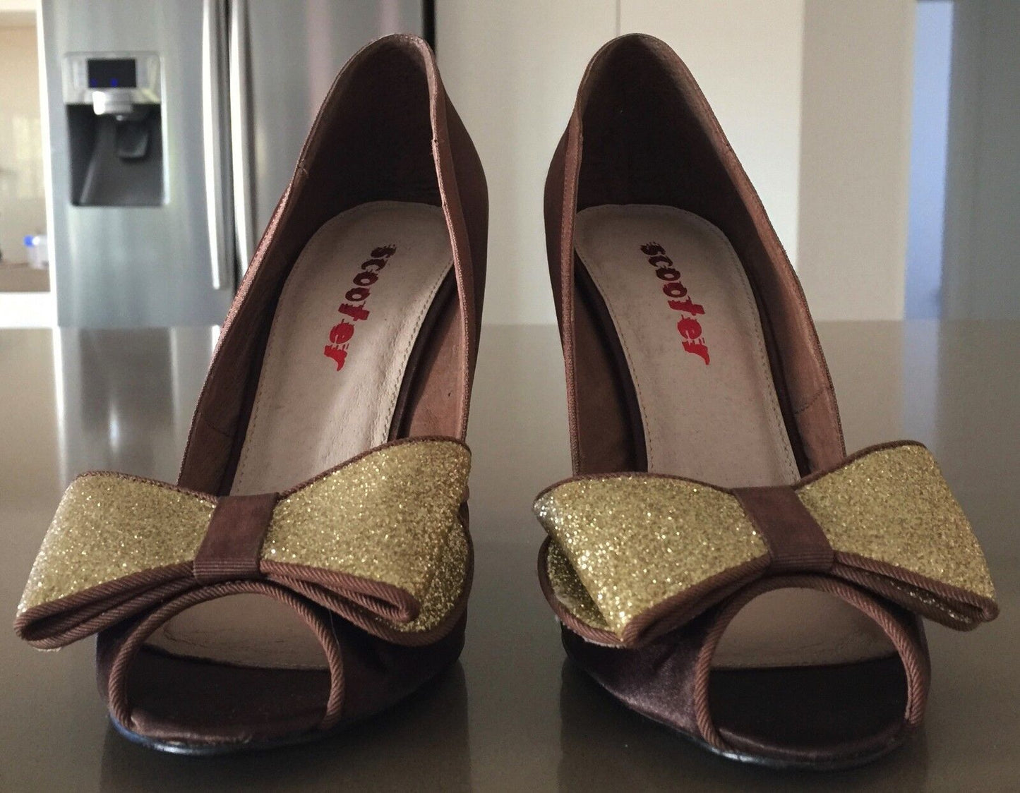 SCOOTER Stiletto Heel Shoes Bronze Brown Fabric Peep Toe 10.5 cm Ladies Size 39
