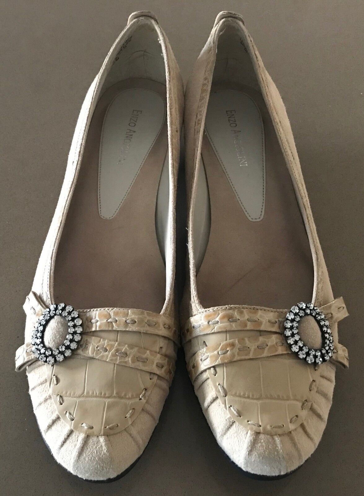 ENZO ANGIOLINI Kitten Heels Shoes Beige Suede Croc Trim Slip On Ladies Size 10 M