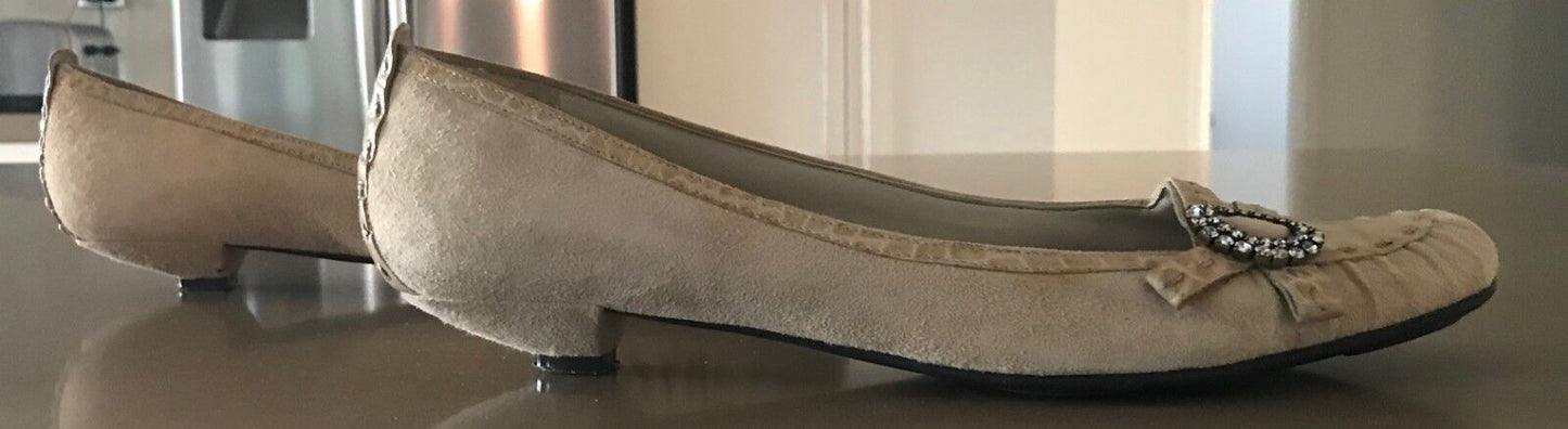ENZO ANGIOLINI Kitten Heels Shoes Beige Suede Croc Trim Slip On Ladies Size 10 M