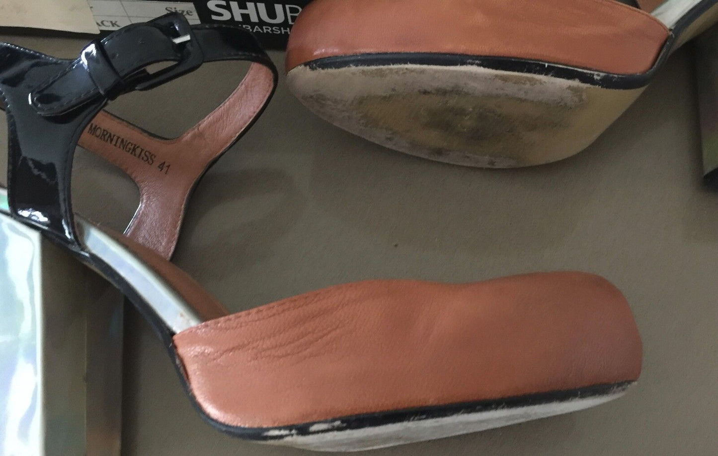 SHUBAR "Morning Kiss" Shoes Tan Black Ankle Strap Ladies Size 41 1940's Look