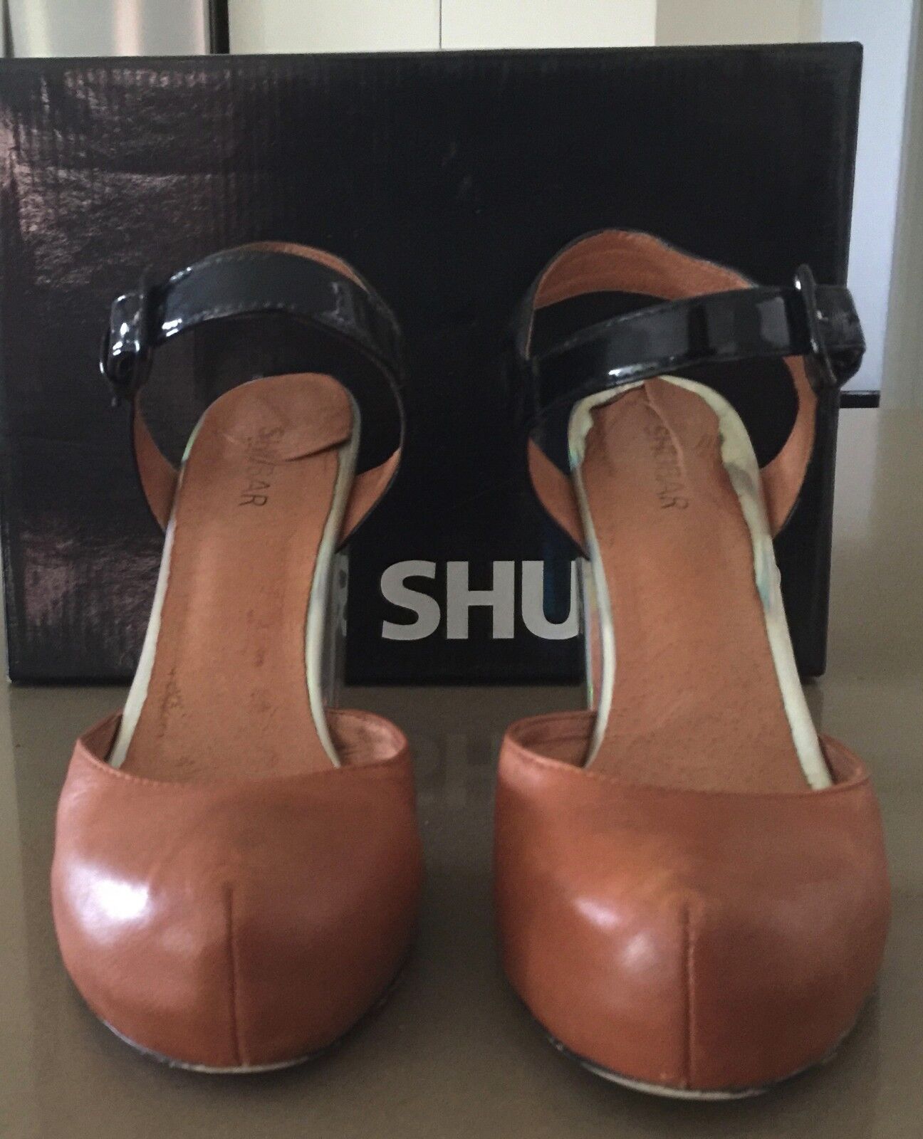 SHUBAR "Morning Kiss" Shoes Tan Black Ankle Strap Ladies Size 41 1940's Look