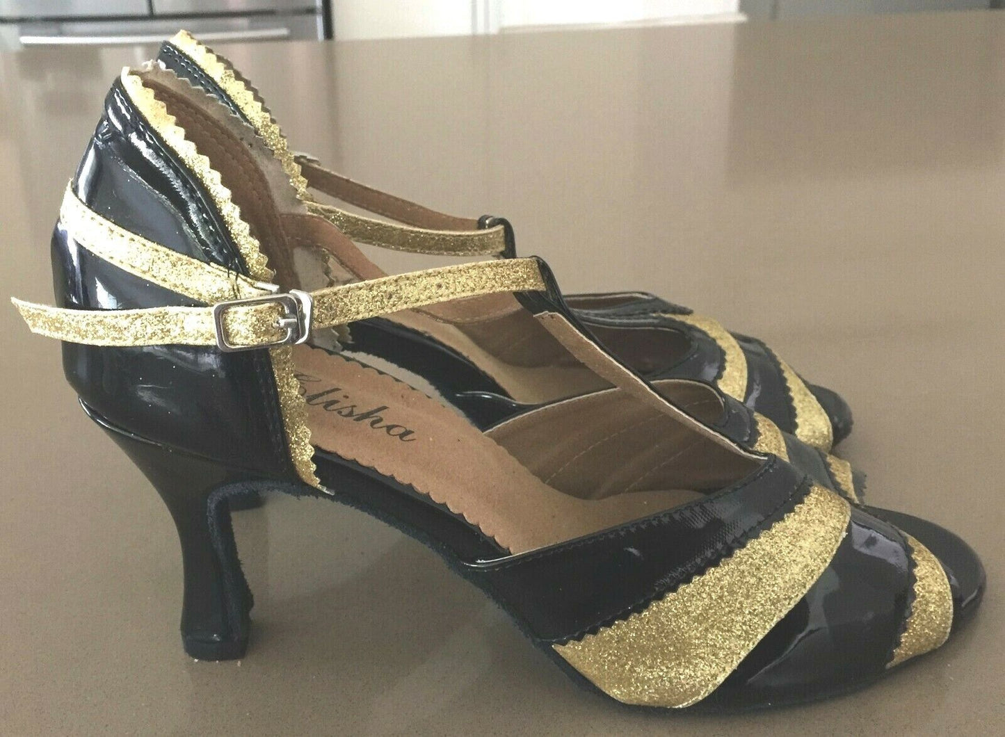 ELISHA Shoes Black Patent Gold Glitter Ballroom Dancing Salsa Ladies US 11 EU 43