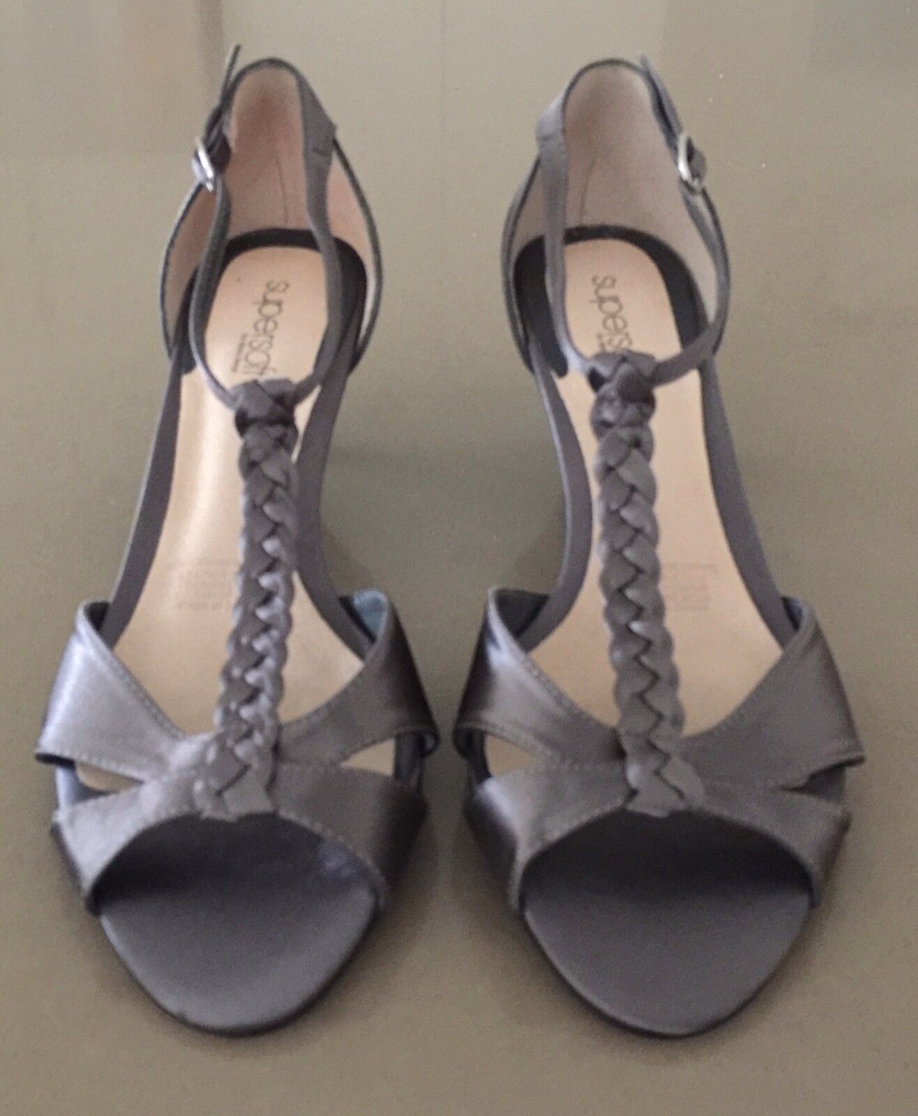 DIANA FERRARI SUPERSOFT Shoes T-Bar Kitten Heels Pewter Fabric Ladies 10 C NEW