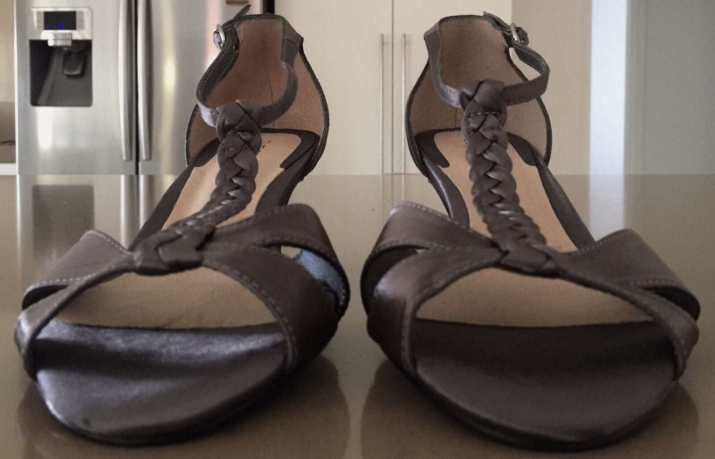 DIANA FERRARI SUPERSOFT Shoes T-Bar Kitten Heels Pewter Fabric Ladies 10 C NEW
