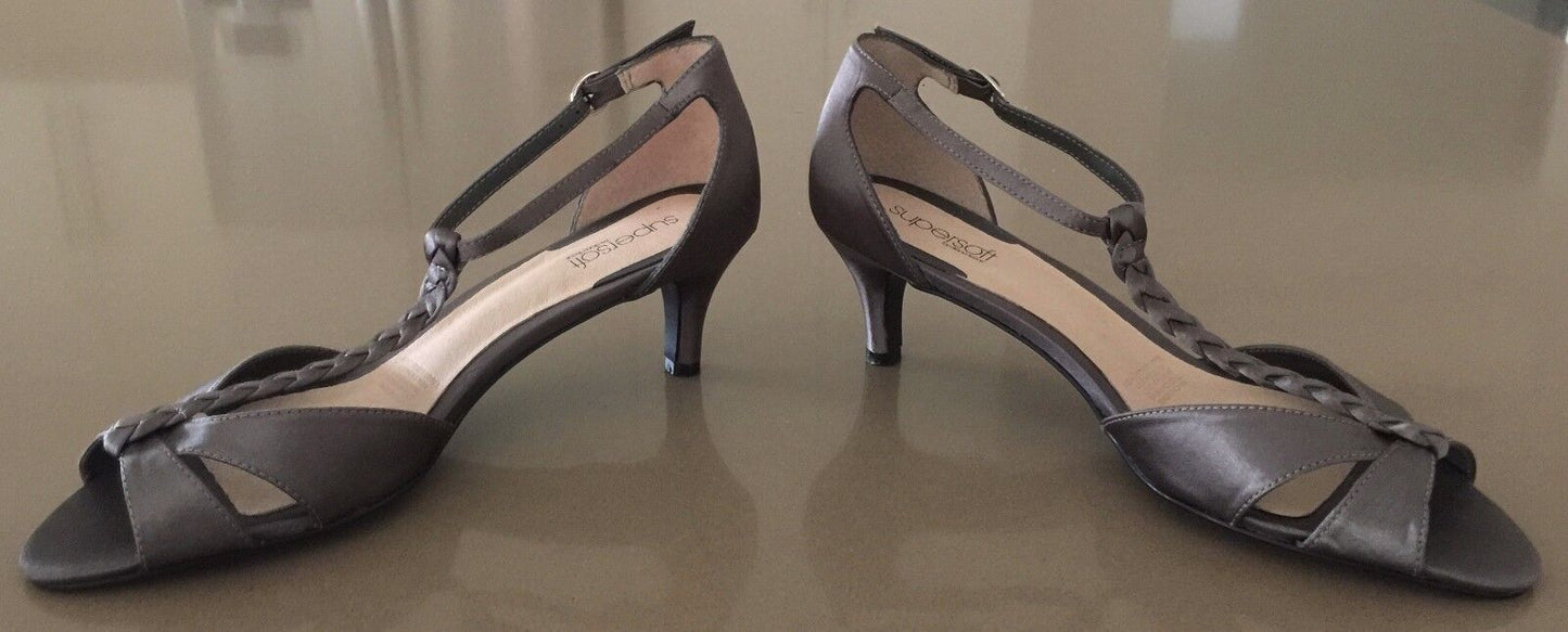 DIANA FERRARI SUPERSOFT Shoes T-Bar Kitten Heels Pewter Fabric Ladies 10 C NEW