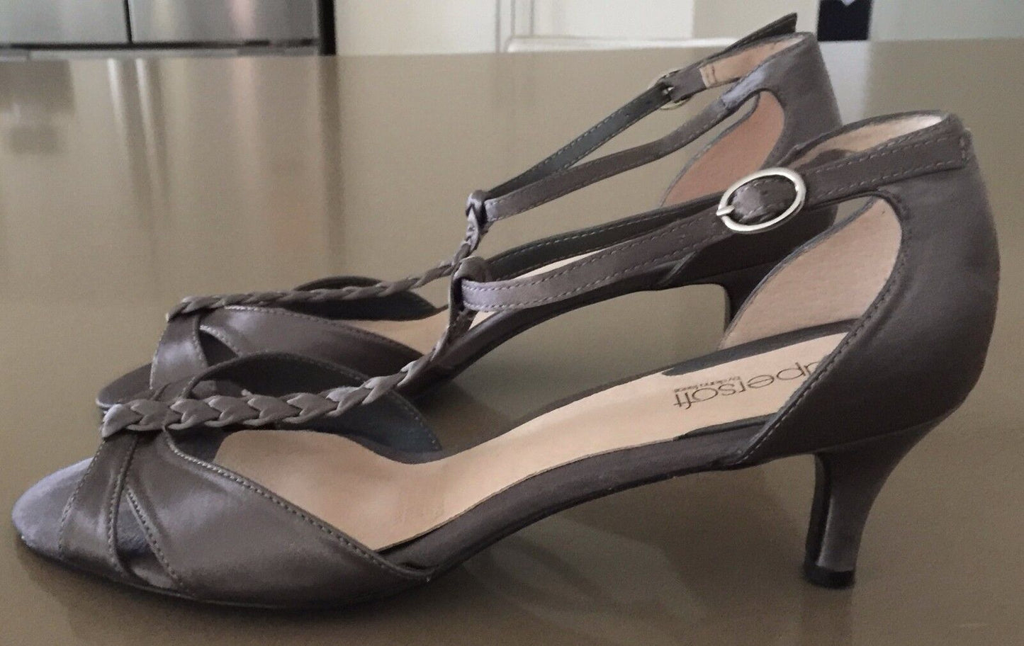 DIANA FERRARI SUPERSOFT Shoes T-Bar Kitten Heels Pewter Fabric Ladies 10 C NEW