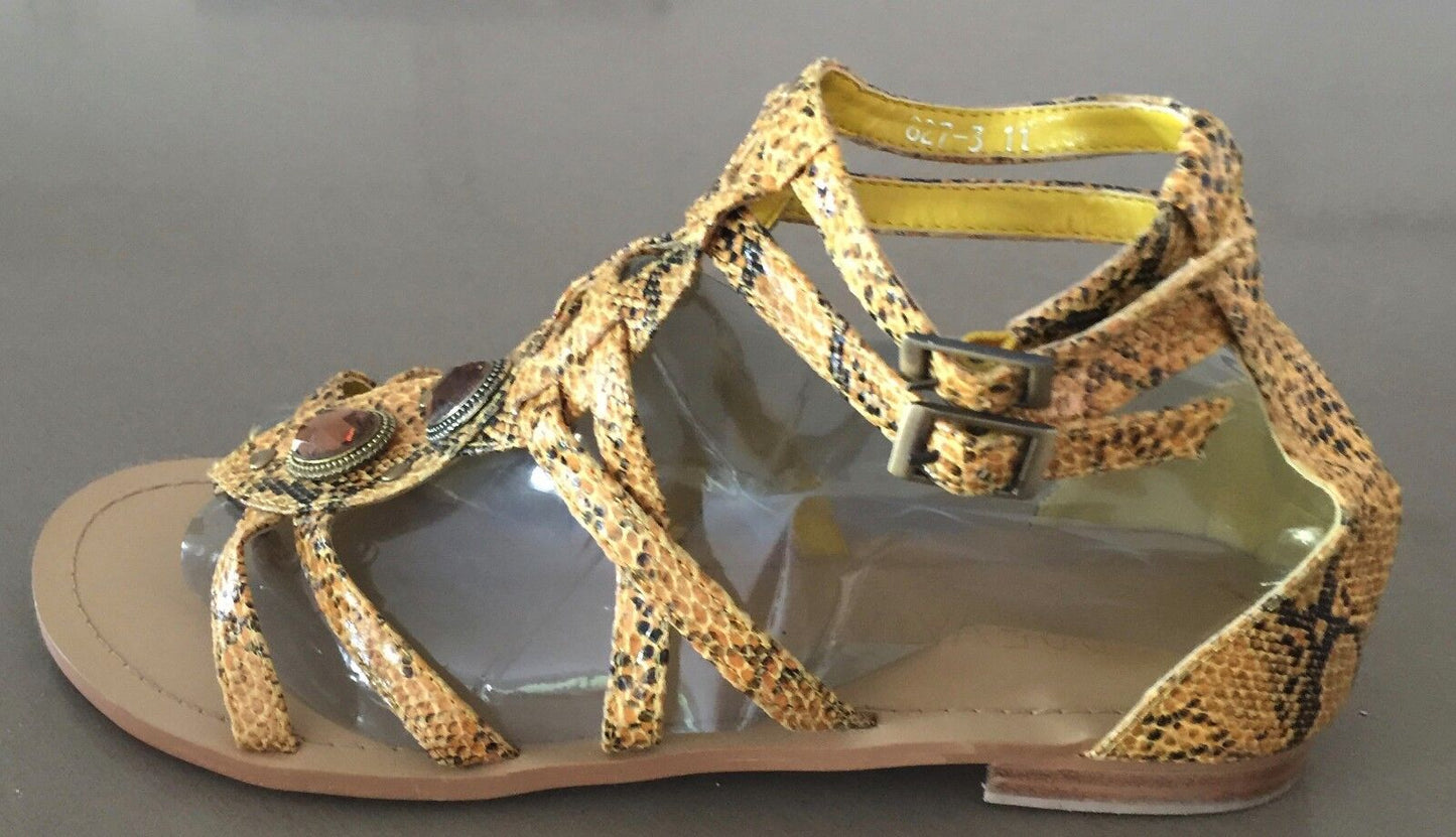 PREVATA Gladiator Sandals Embellished Yellow Black Snake Print Shoes Sz 11 NEW