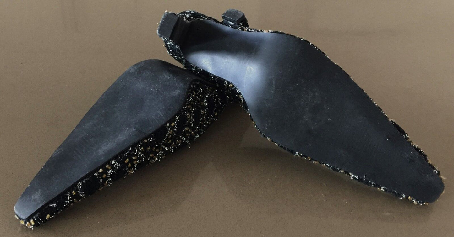 Retro Mule Shoes Black Silver & Gold Textured Embellished Fabric Heels Size 36