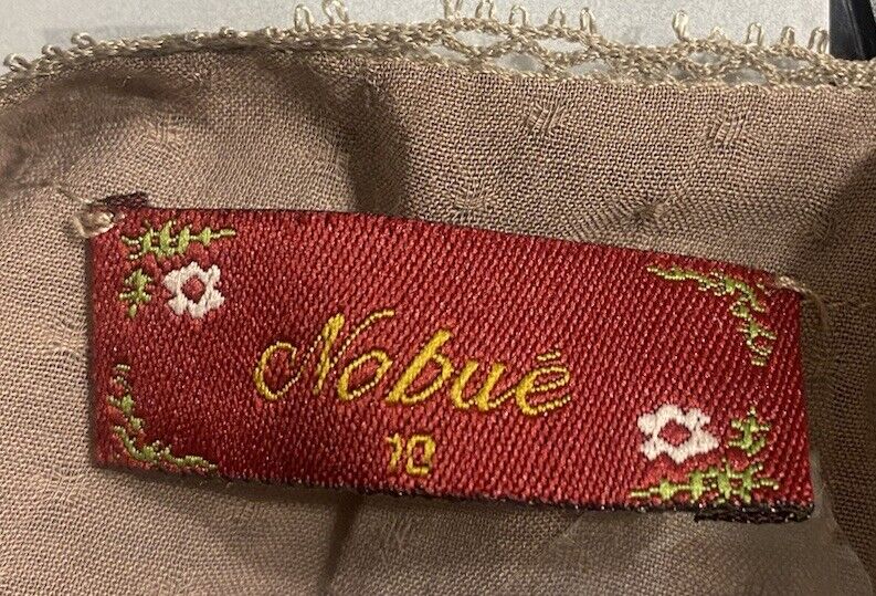NOBUE Cotton Top Brown Summer Lightweight Cardi Size 10 Lace Trim Boho Hippie