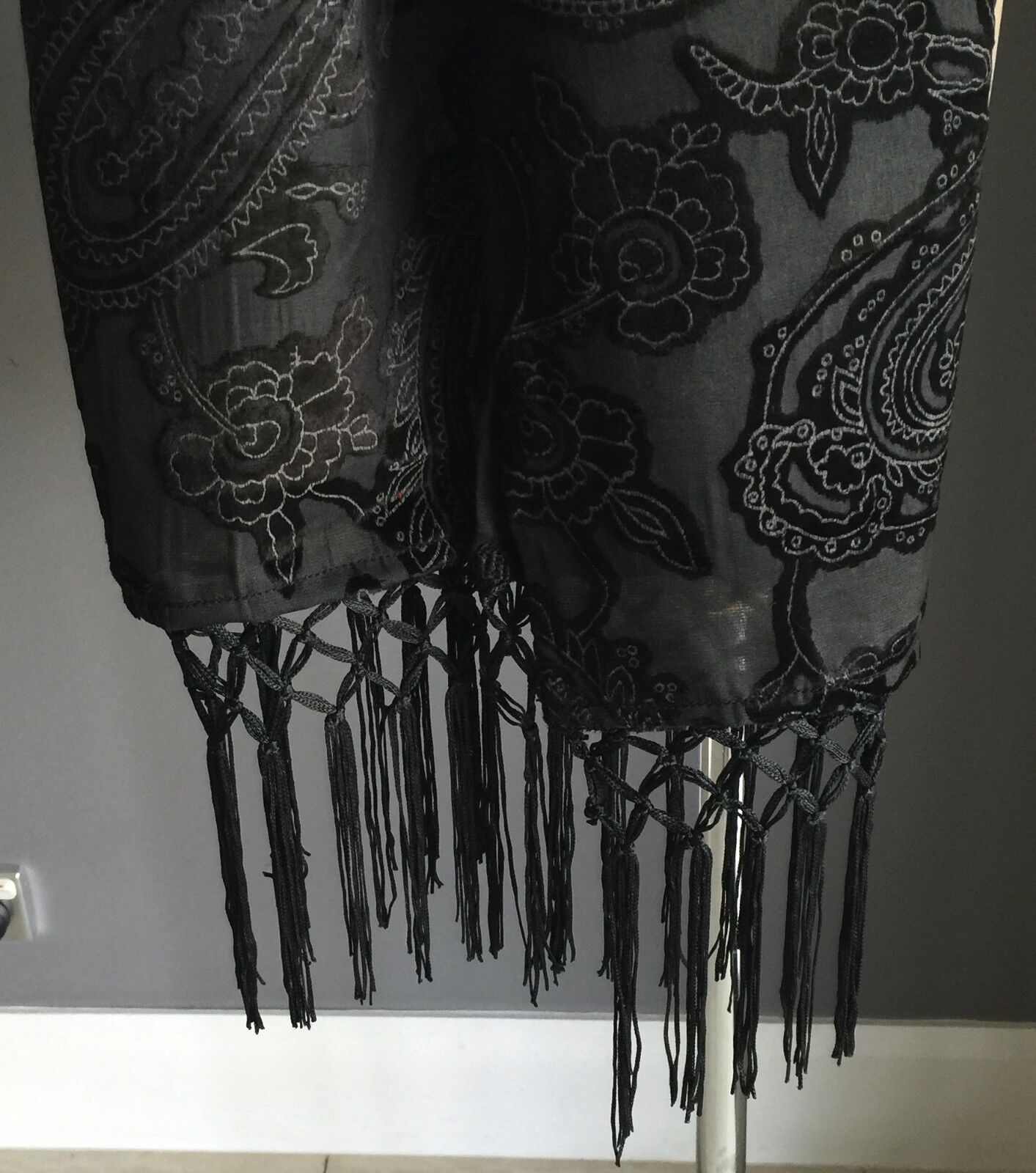 Ladies SCARF Black Grey Floral Paisley Velour Embroidered Neck Wrap Fringed NEW