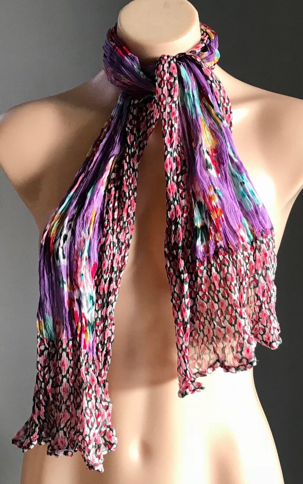 Ladies NECK SCARF MultiColour Floral Micro Crinkle Pleated Rectangle - Stunning!