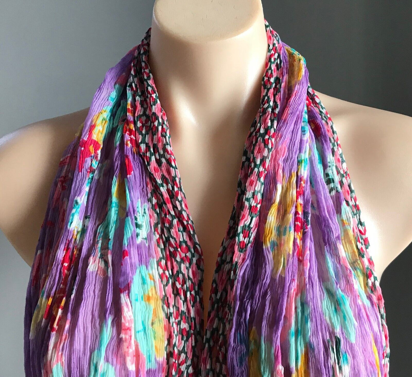 Ladies NECK SCARF MultiColour Floral Micro Crinkle Pleated Rectangle - Stunning!