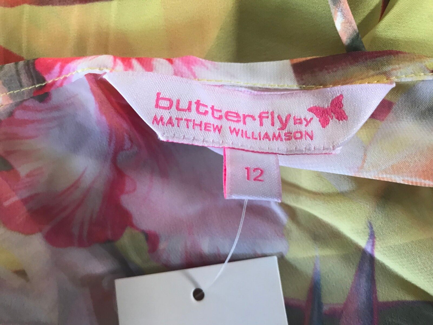 BUTTERFLY BY MATTHEW WILLIAMSON Cuban Floral Dress Sheer W Tassel UK Size 12 NEW