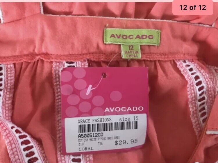 AVOCADO Midi Dress Coral & White Piping Sleeveless Ladies Size 12 Boho Beach NEW