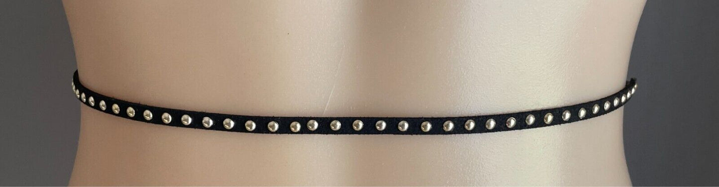 Black Pleather Cord Tie Belt Gold Studded Tassel Ends Size 8 12 Very Thin Goth