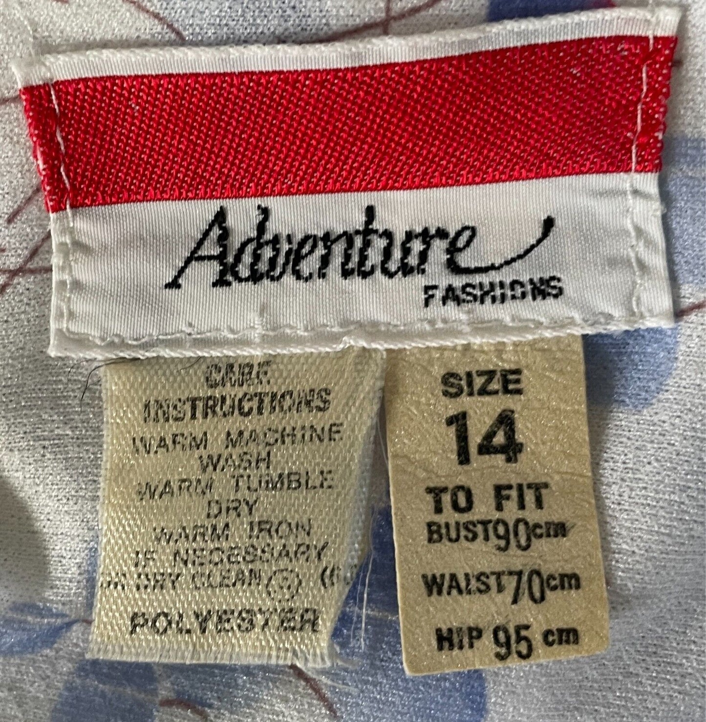 Vtg ADVENTURE FASHIONS Dress Floral White Blue Green Taupe Waist Belt Size 14