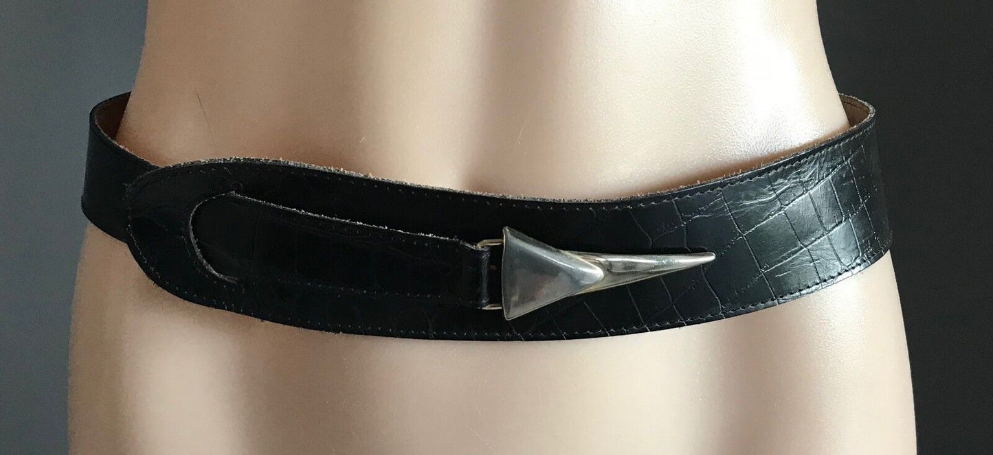 Vintage LEATHER BELT Black Croc Print w Silver & Gold Clasp Ladies Size 8 - 10