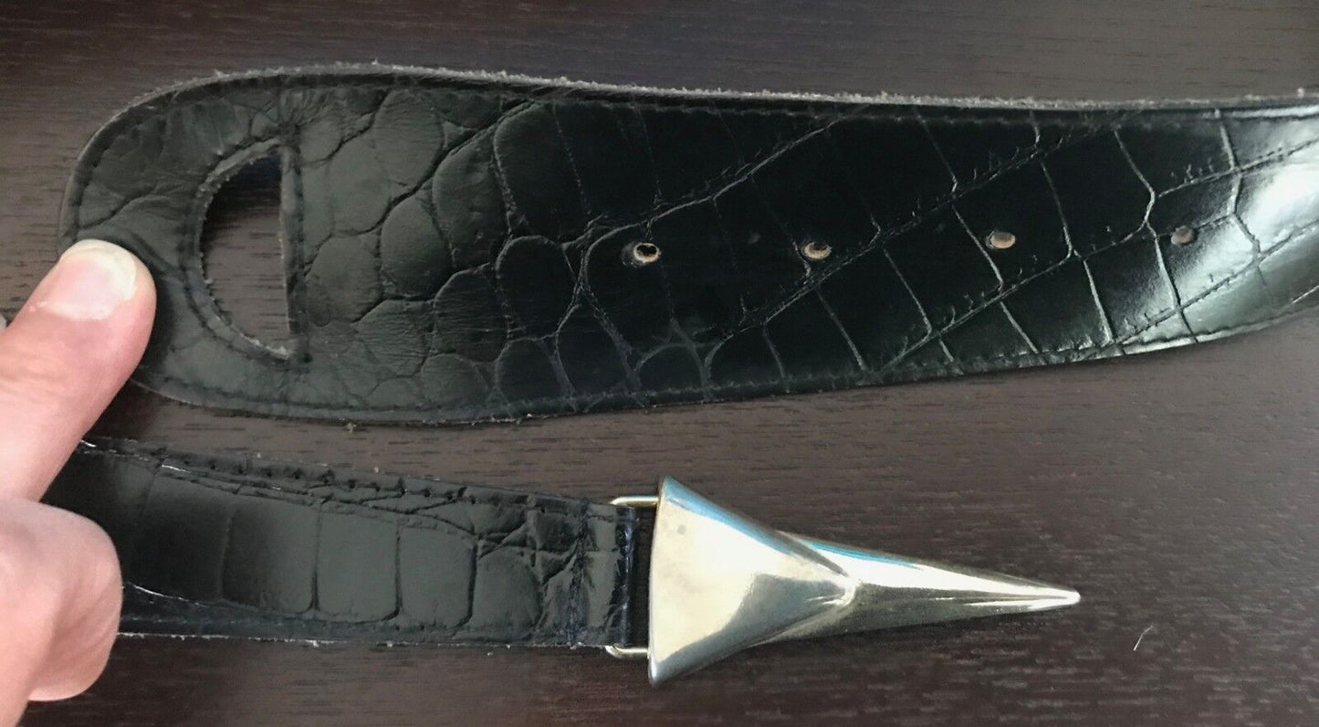 Vintage LEATHER BELT Black Croc Print w Silver & Gold Clasp Ladies Size 8 - 10