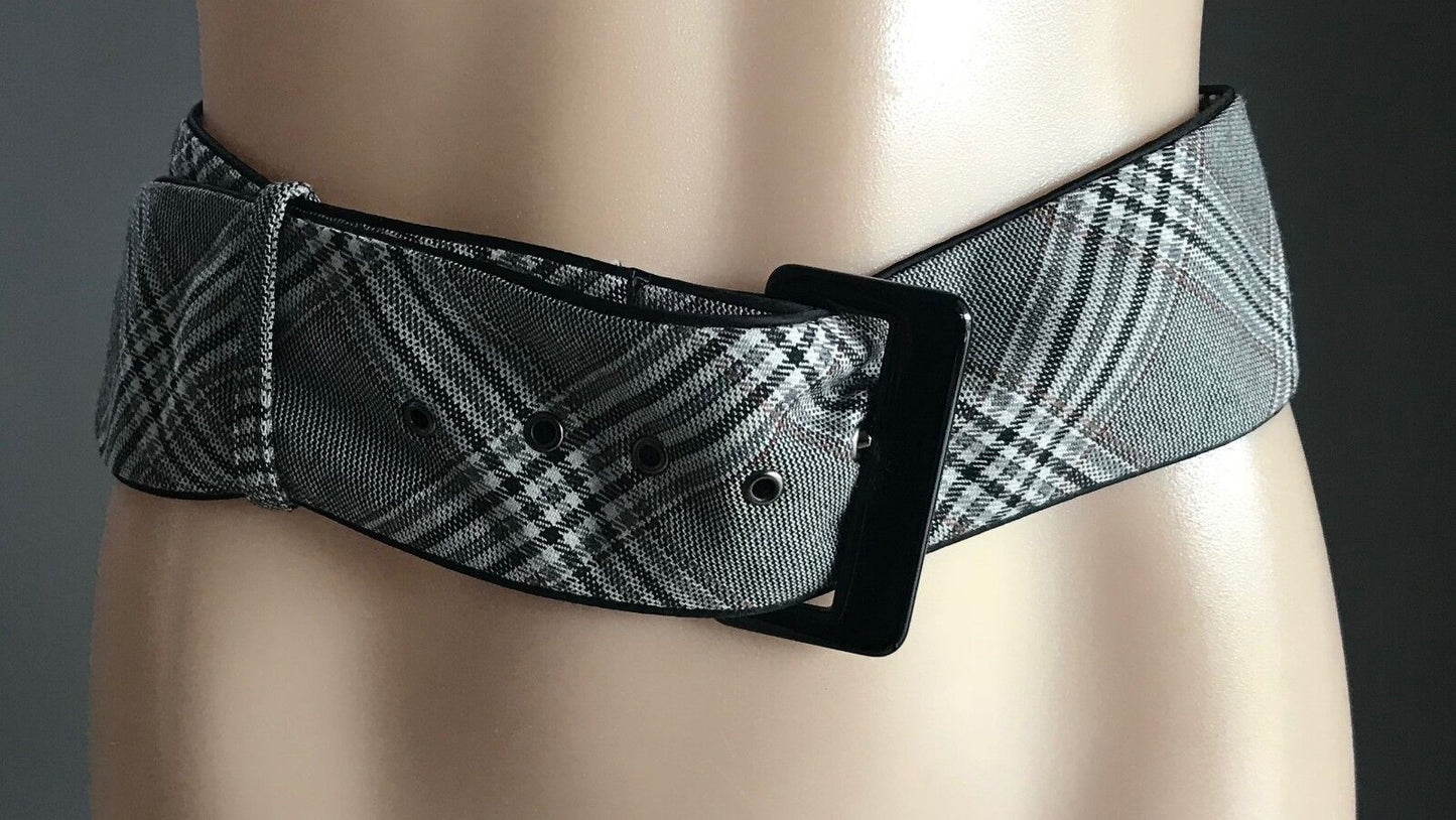 Vtg New 6cm Belt Grey Black Brown Thick Tweed Fabric Lined Black Buckle Sz 10 12