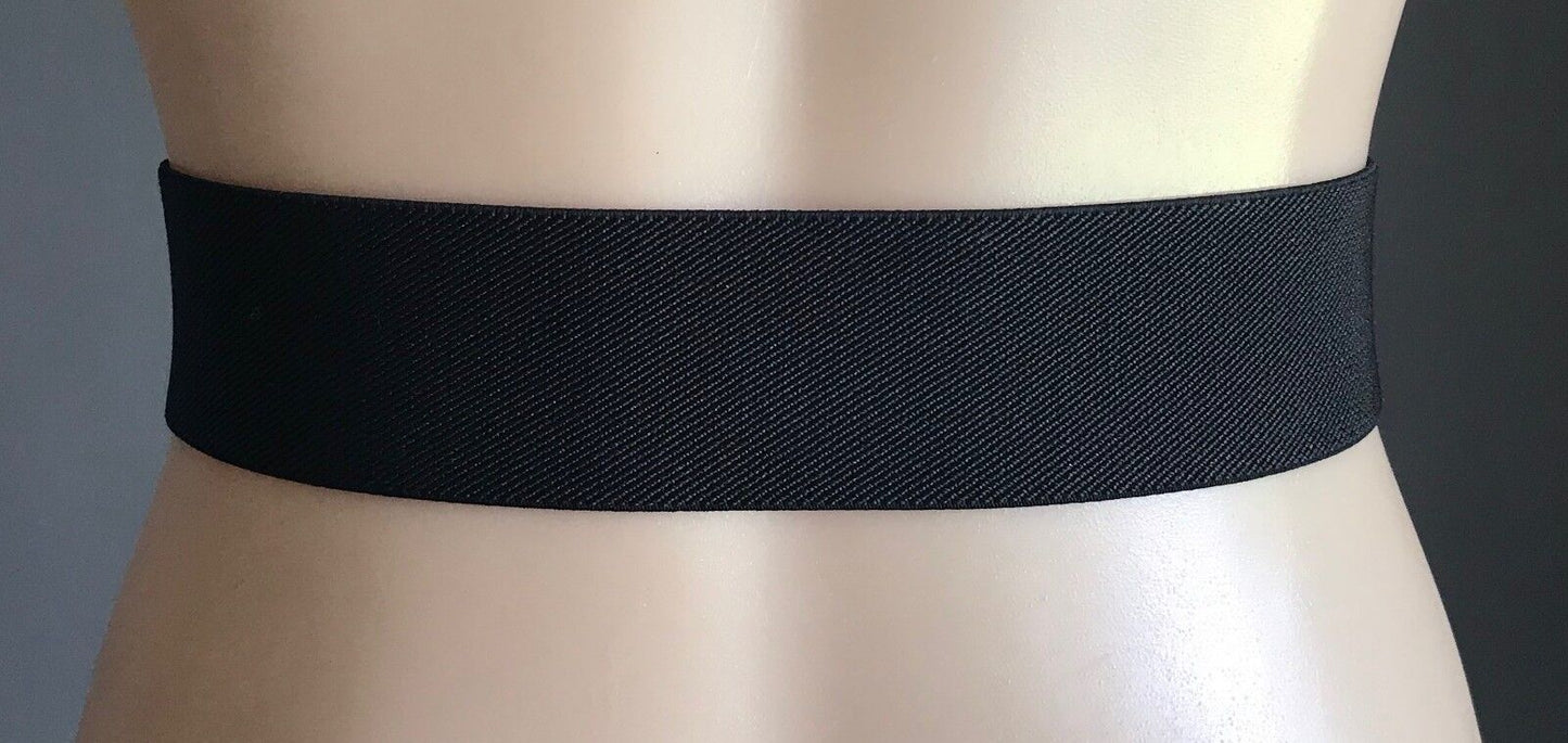 Vintage Wide 5cm Belt Black Elastic w Black Metal Butterfly Clasp Size 8 - 10