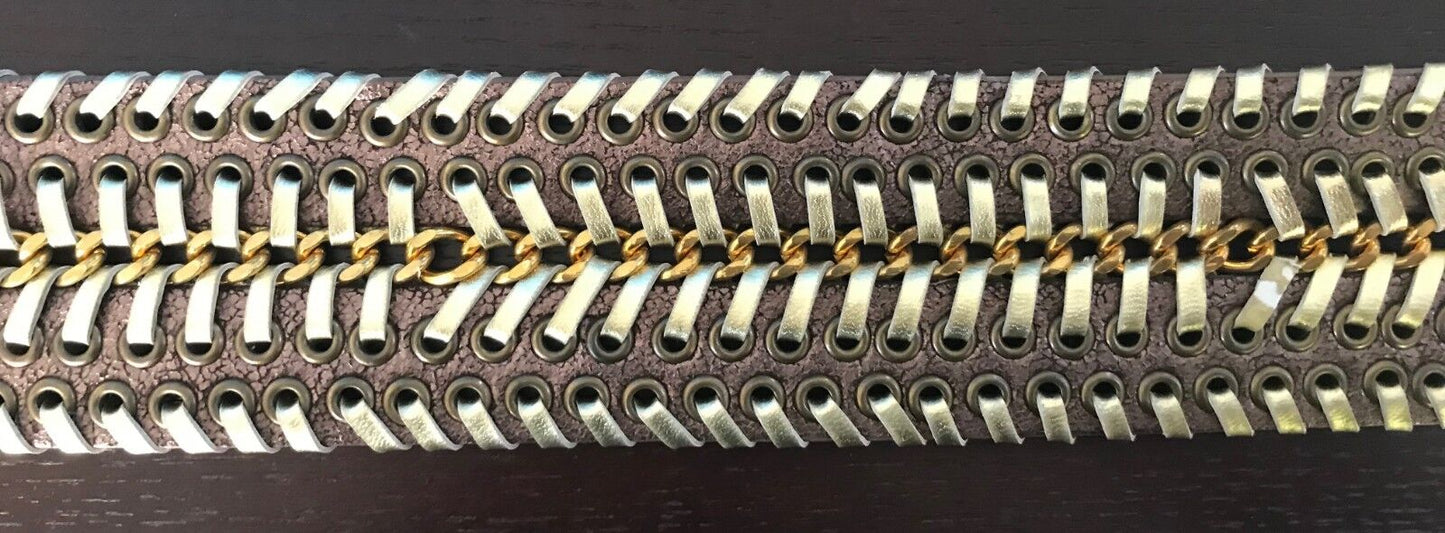 Vintage 6cm Wide Leather Belt "Crackled" Bronze & Gold Eyelet Trim Size 10 - 12