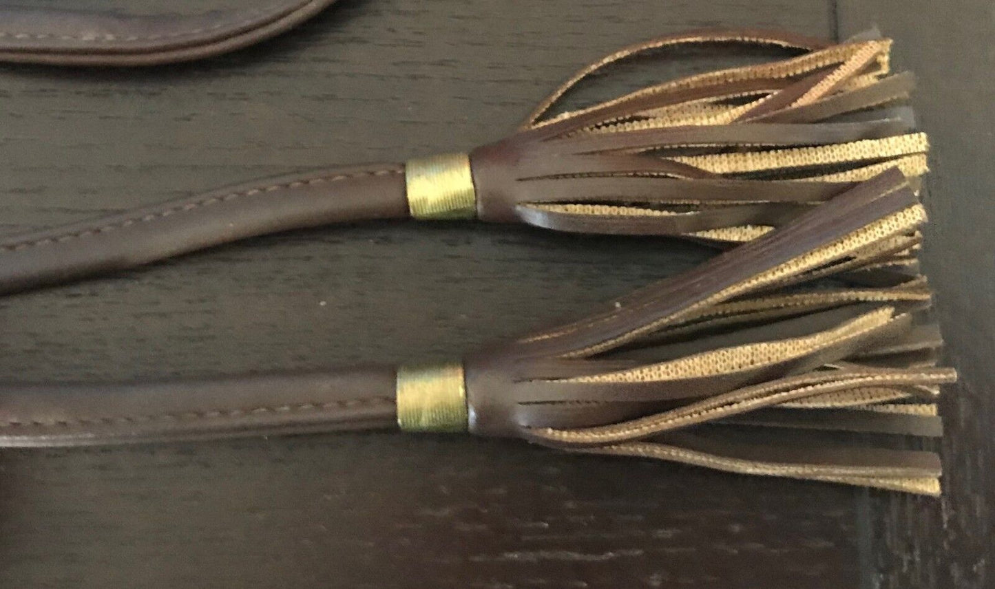 Boho Tie Belt 1cm Brown Pleather Thin w Tassel Trim Gold Tone Metal Size 8 - 12