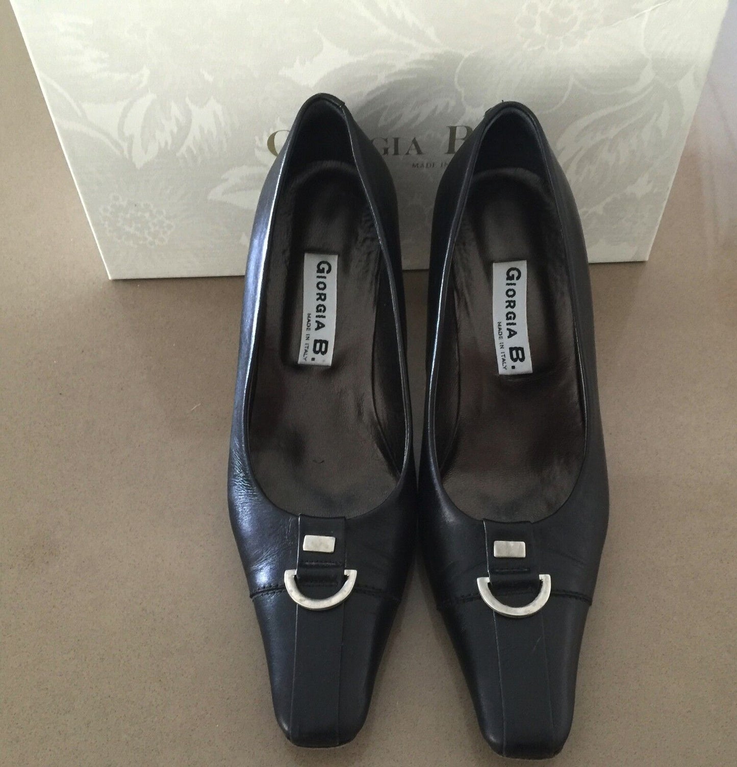 GIORGIA B Court Shoes Black Leather Square Toe Ladies Size 36 Italy