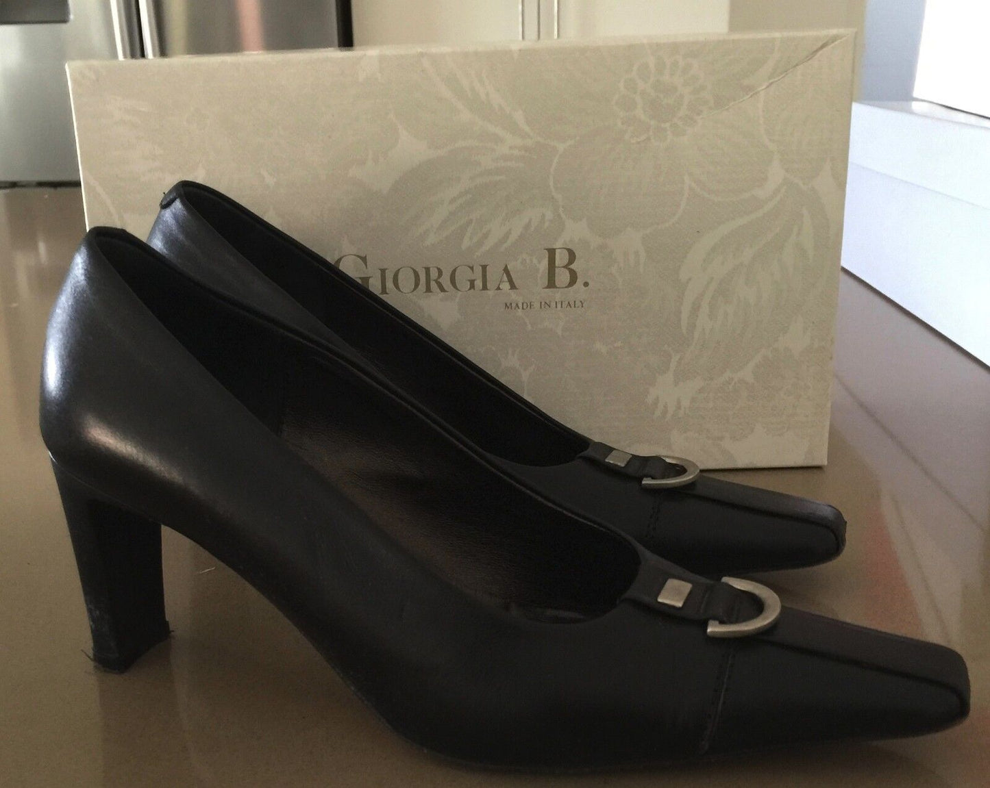 GIORGIA B Court Shoes Black Leather Square Toe Ladies Size 36 Italy