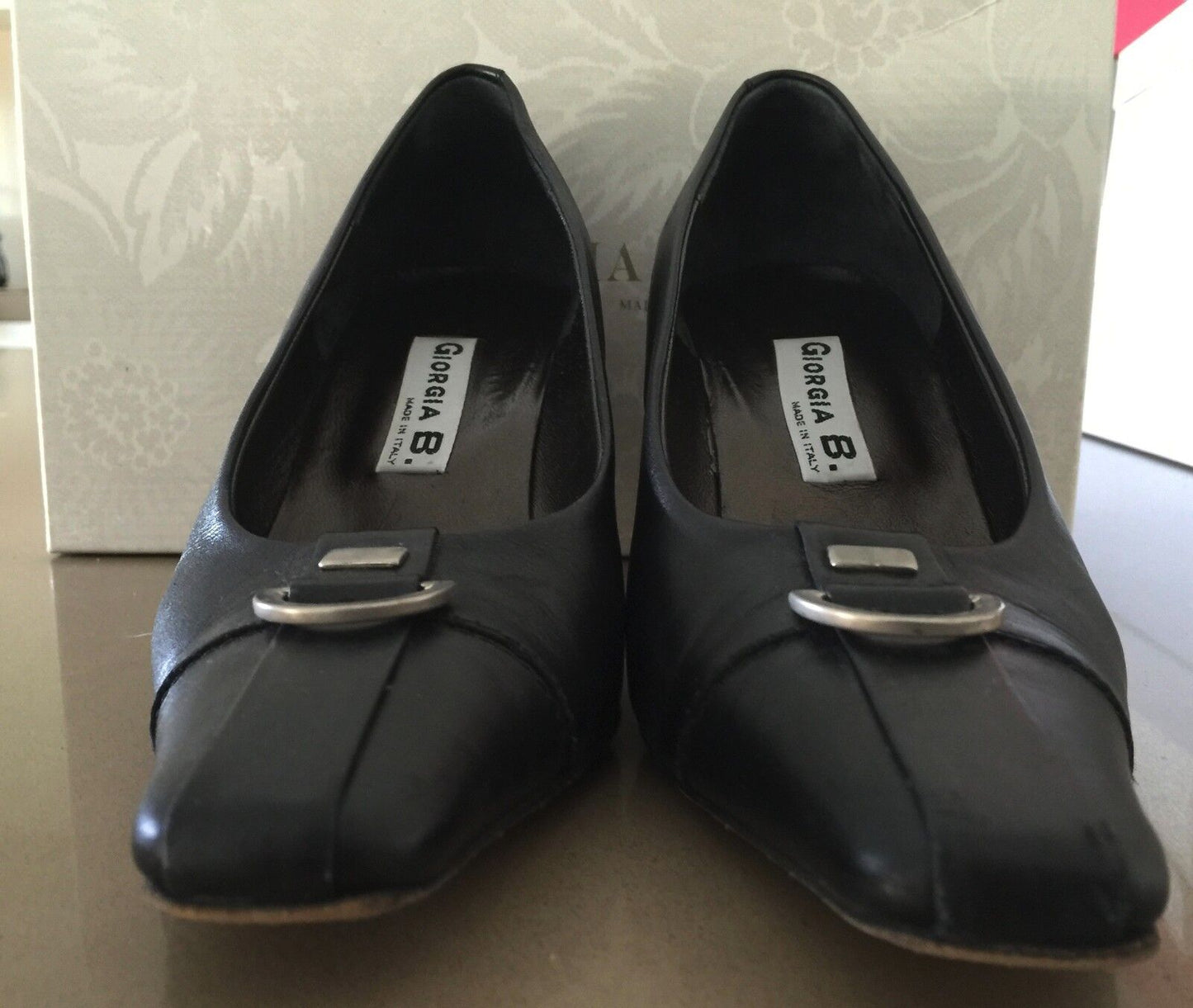 GIORGIA B Court Shoes Black Leather Square Toe Ladies Size 36 Italy
