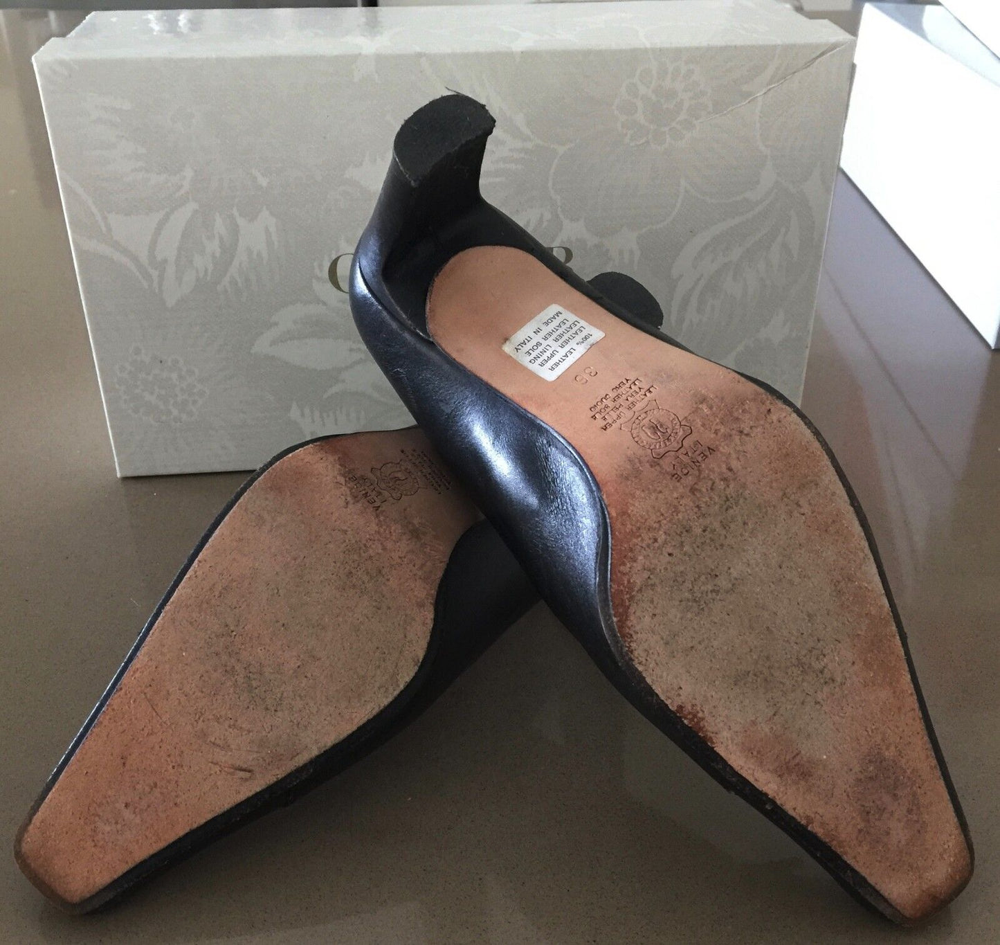 GIORGIA B Court Shoes Black Leather Square Toe Ladies Size 36 Italy