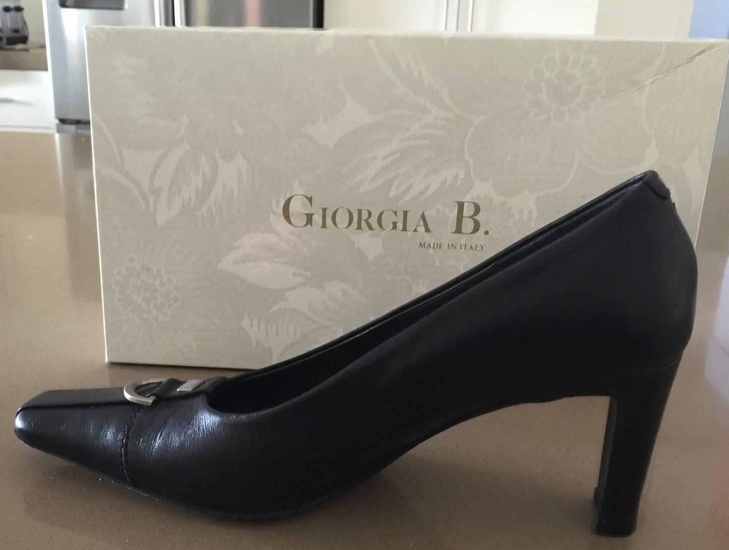 GIORGIA B Court Shoes Black Leather Square Toe Ladies Size 36 Italy