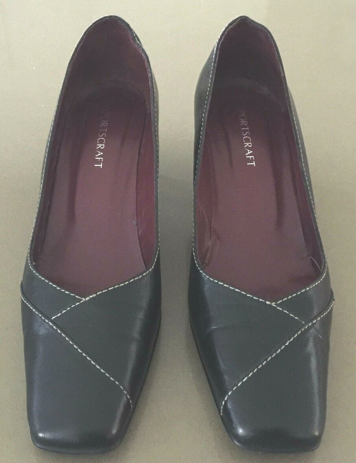 SPORTSCRAFT Court Shoes Square Toe Black Leather w White Stitch Ladies Size 38