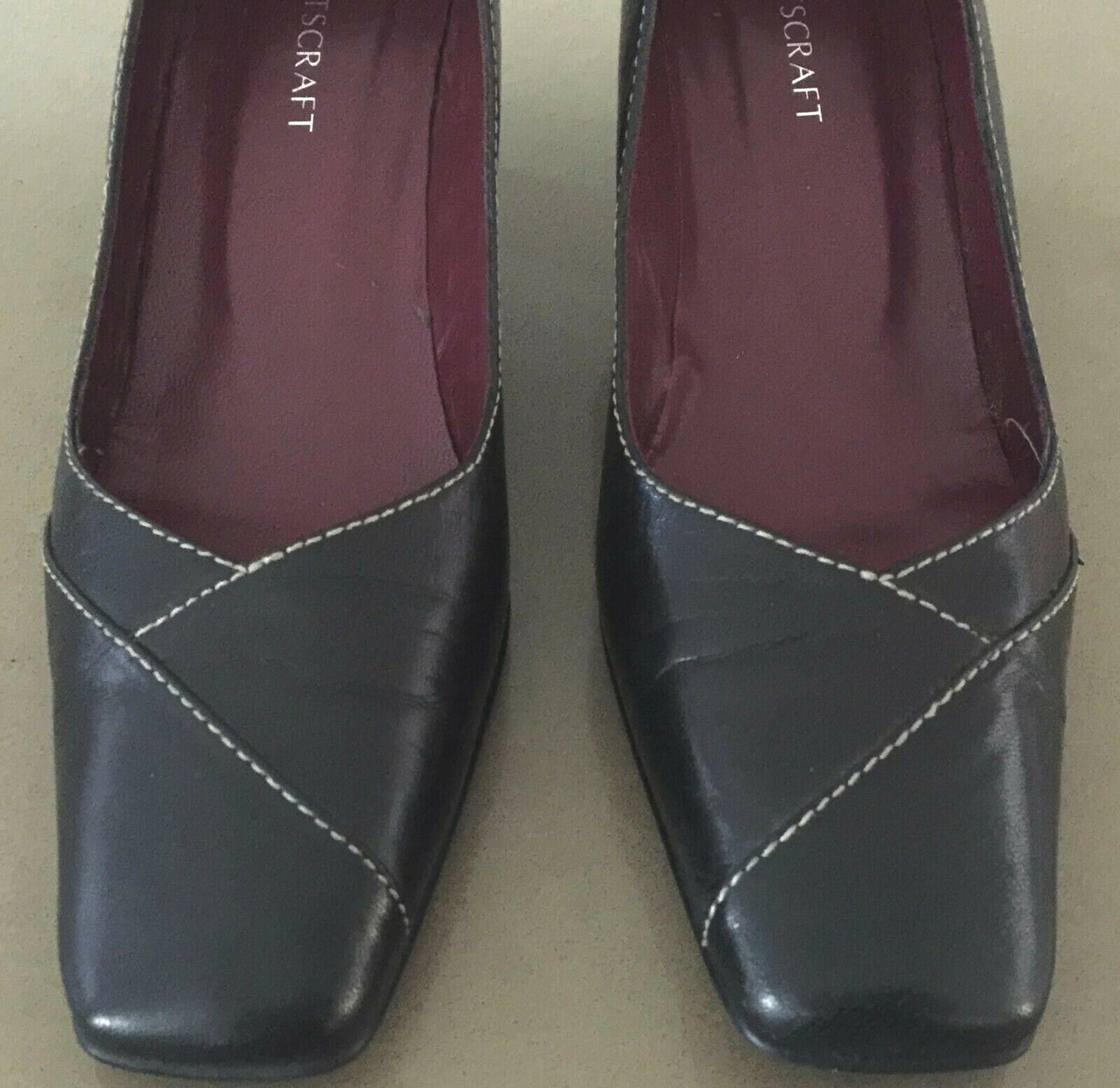 SPORTSCRAFT Court Shoes Square Toe Black Leather w White Stitch Ladies Size 38