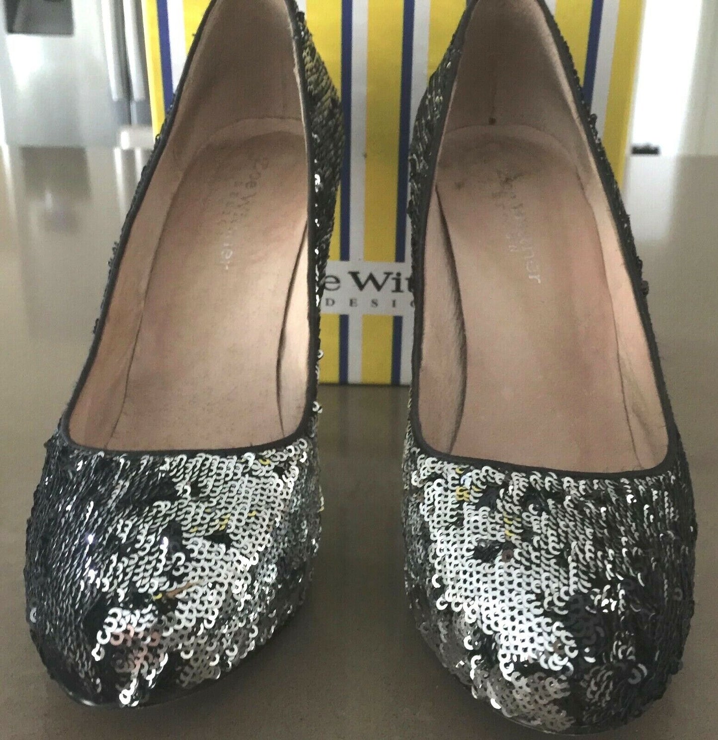 ZOE WITTNER "Amber" Heels Black & Silver Sequin Pumps Shoes Ladies Size 38