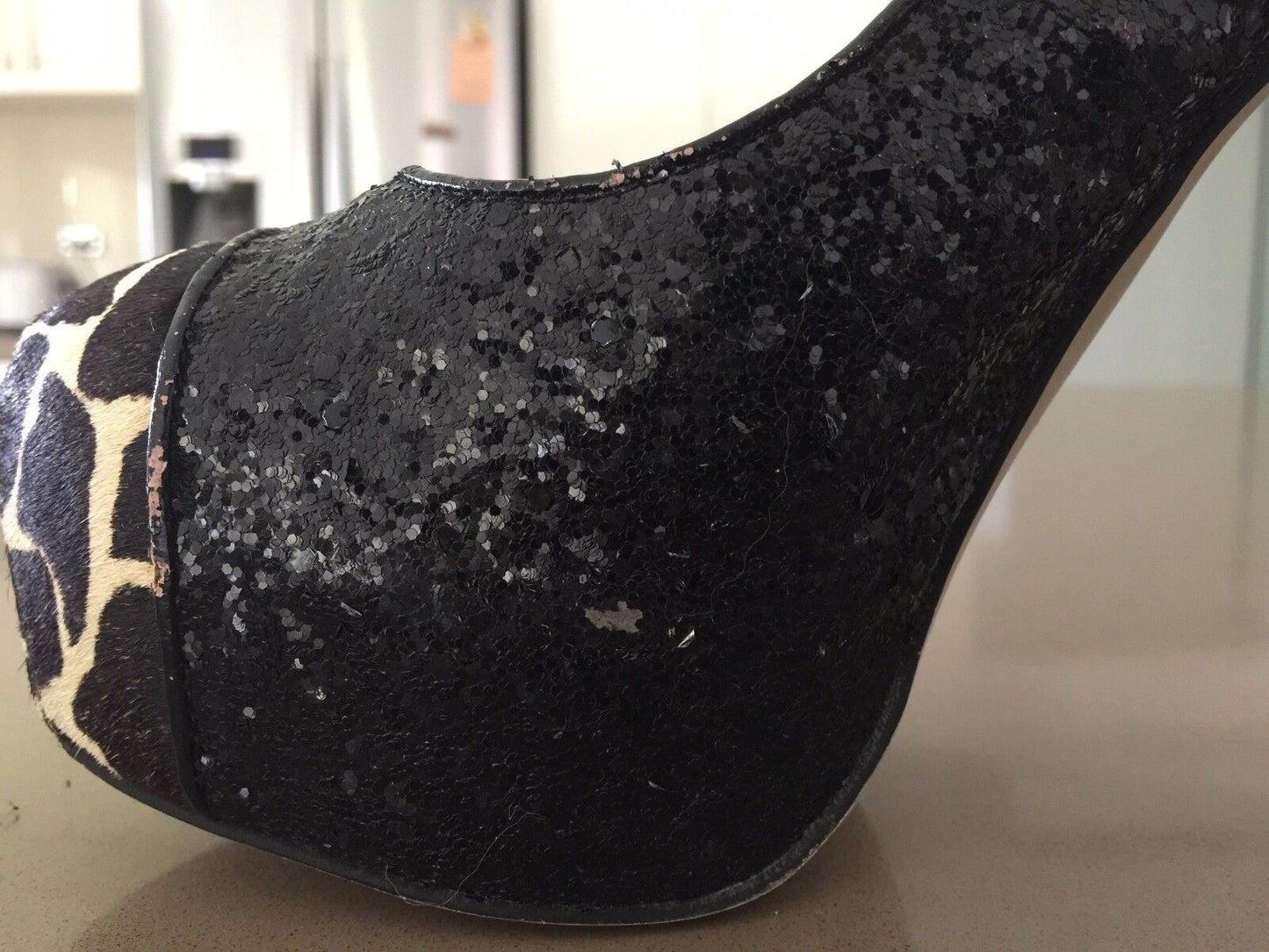 WITTNER "Suffix" Shoes Black Glitter & Giraffe Hair on Hide Pumps Ladies Size 41