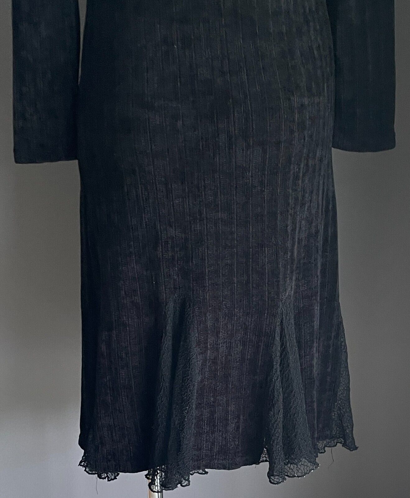 BLACK Stretch Knit Pencil Dress Roll Neck Long Sleeve Lace Hem Insert Sz 10 NEW