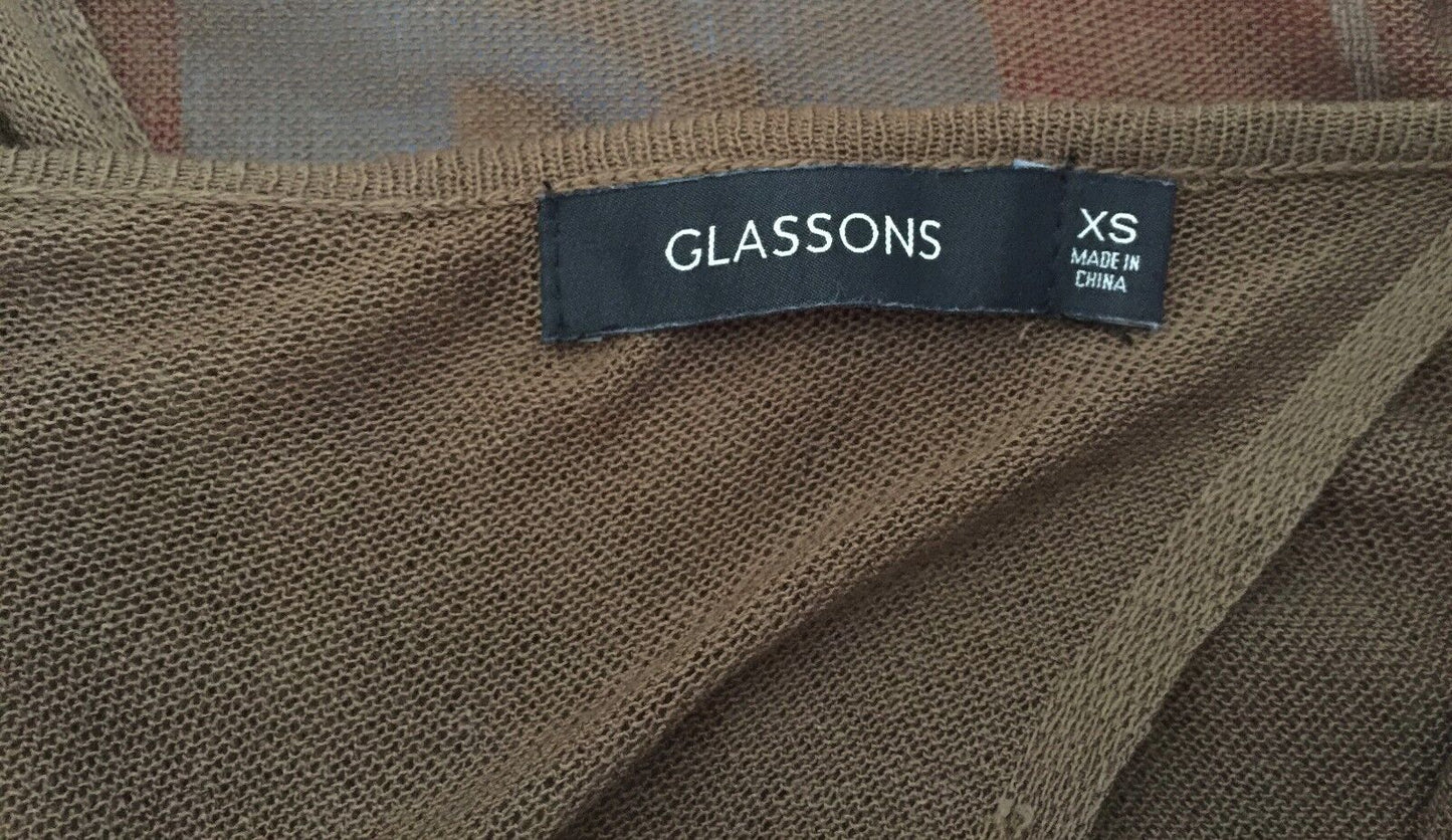 GLASSONS Jumper Brown Khaki Fine Knit Slit Back Long Sleeve Size XS 8 10 NEW