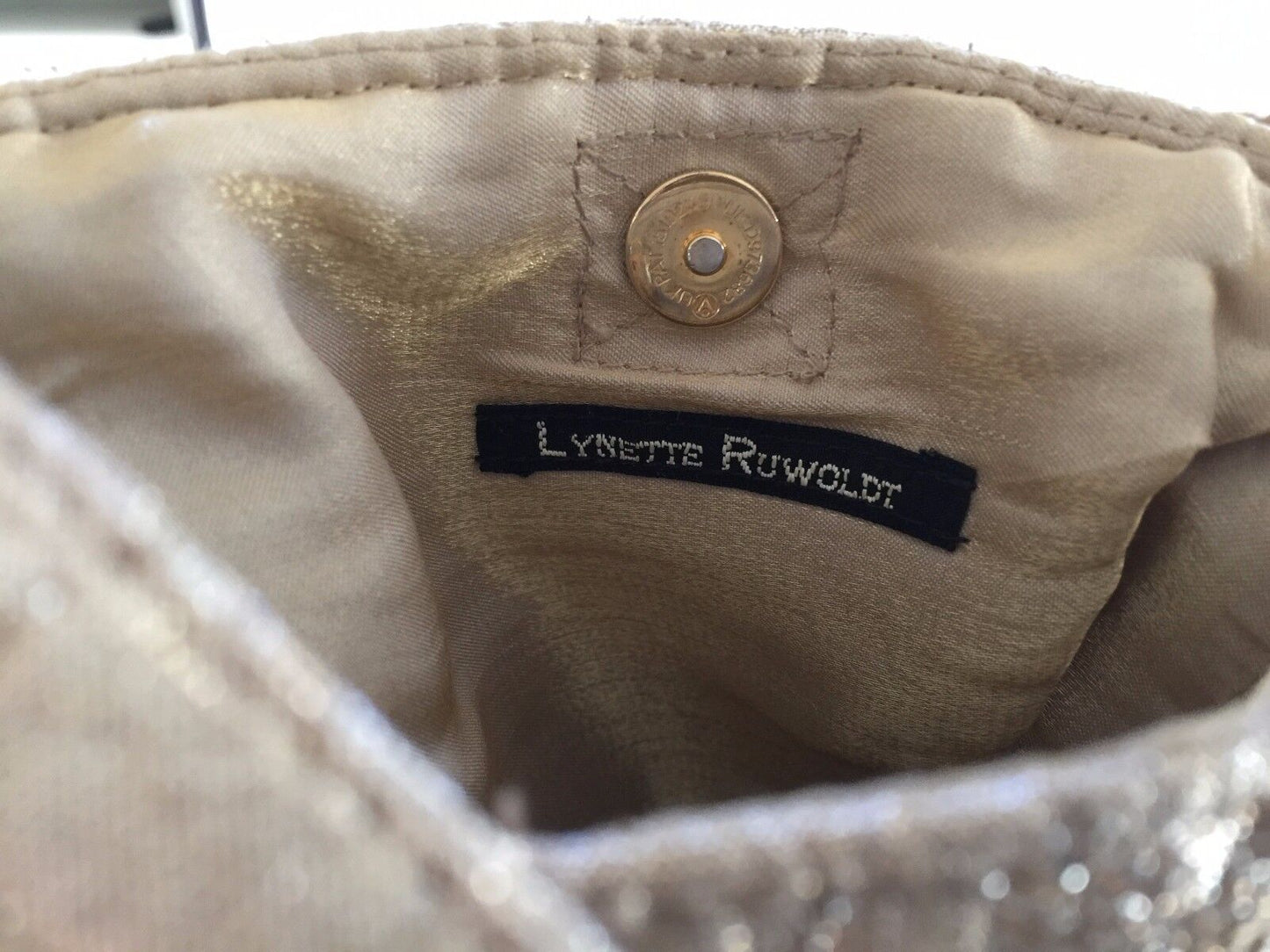 Evening Bag LYNETTE RUWOLDT Small Short Shoulder Strap Gold Lamé Handbag NEW