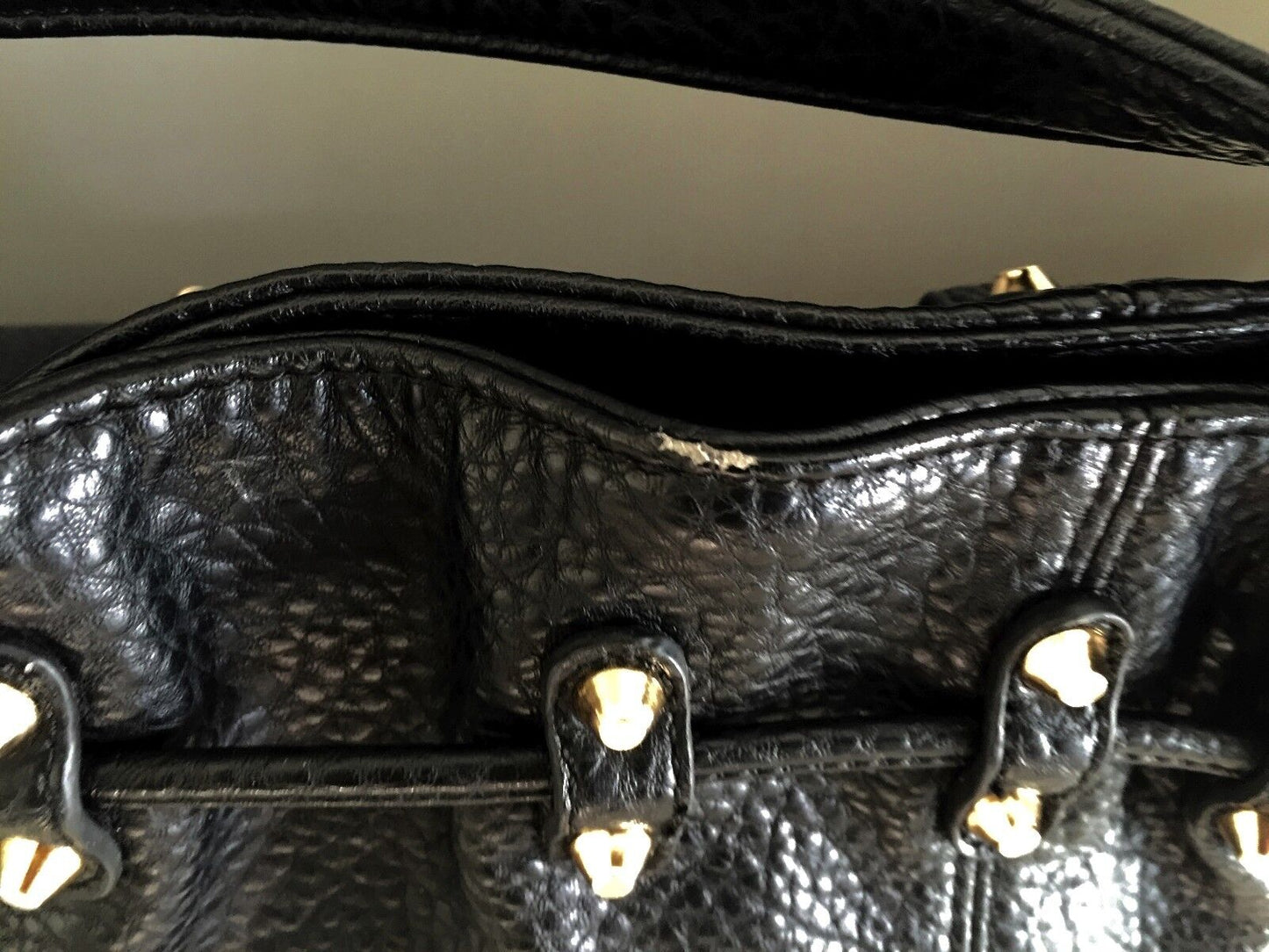 COLETTE Shoulder Bag Black Pleather Pebble Look Drawstring Bucket Retro