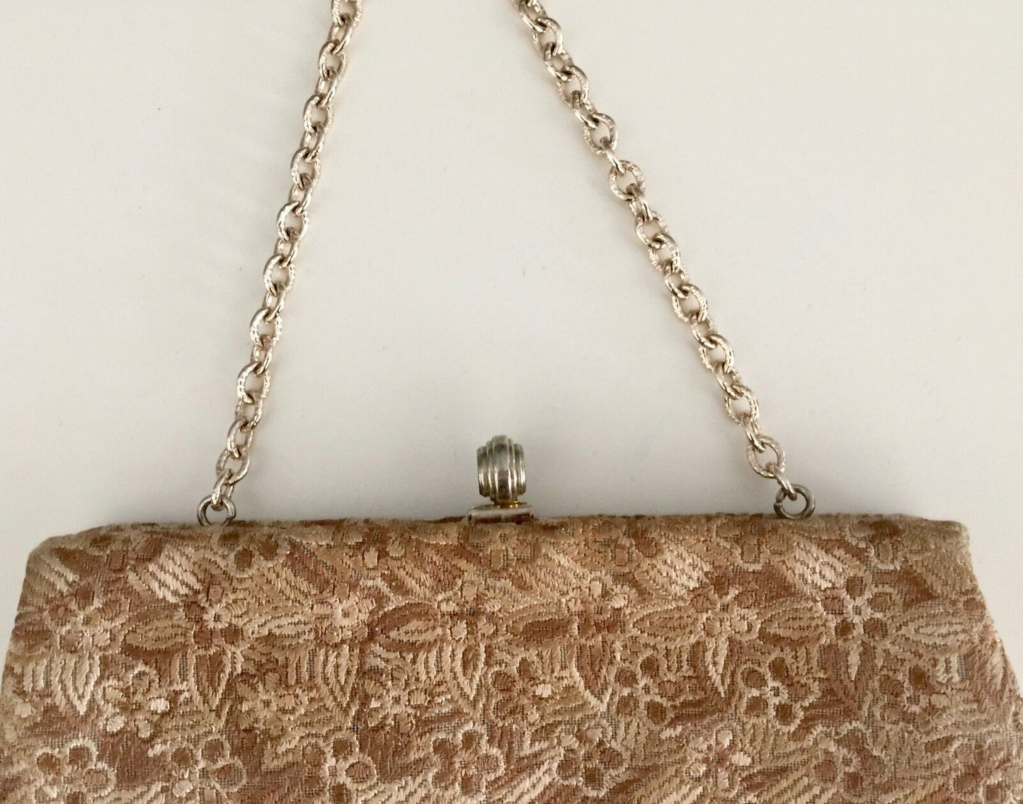 Vtg 70s FAIGEN Floral Brocade Frame Evening Bag Purse w Chain Gold Handbag