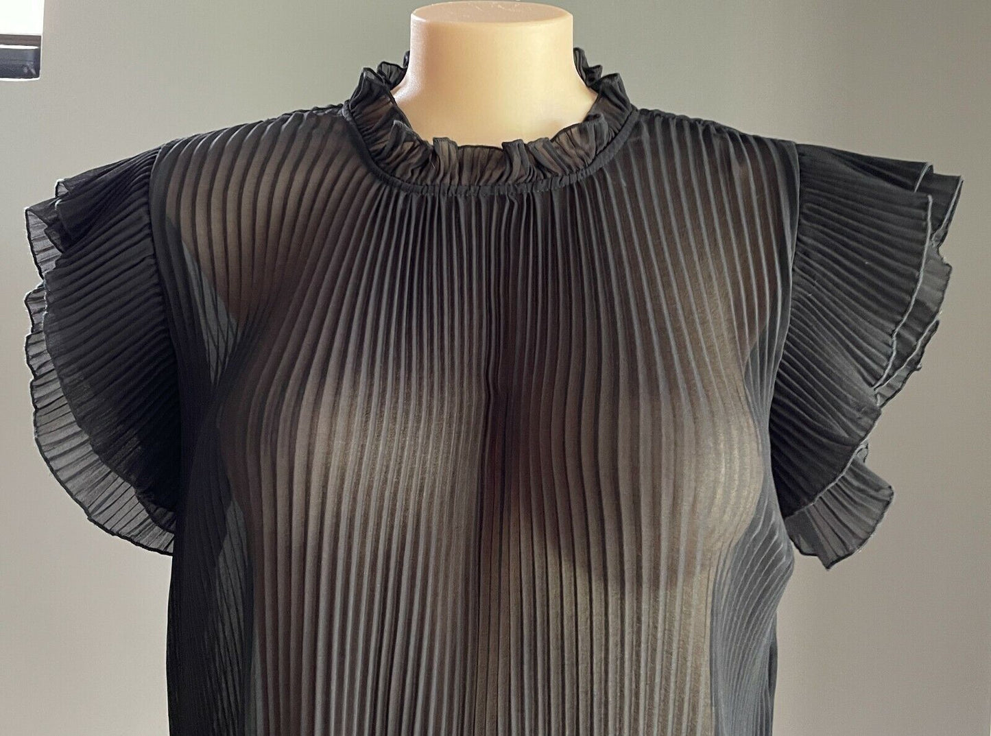 CITY CHIC Top Black Semi Sheer Pleated Ruffle Sleeve Blouse Plus Size S 12 NEW